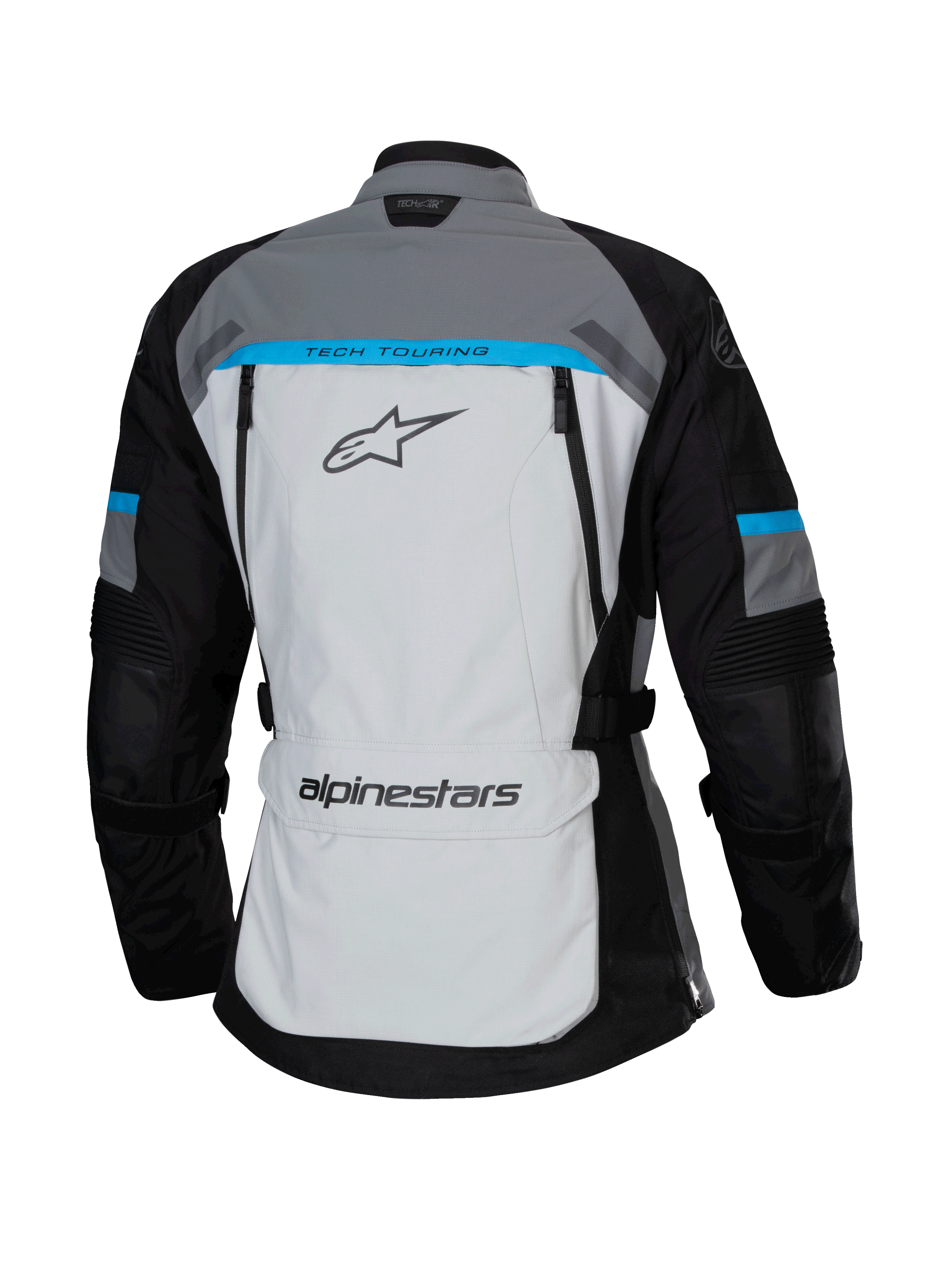 Chaqueta Alpinestars Stella Bogotá Pro Drystar®, gris hielo, negro y cian, vista posterior con un gran panel gris claro con la marca 'TECH TOURING', mangas negras con detalles cian y bolsillo de almacenamiento en la parte inferior de la espalda.