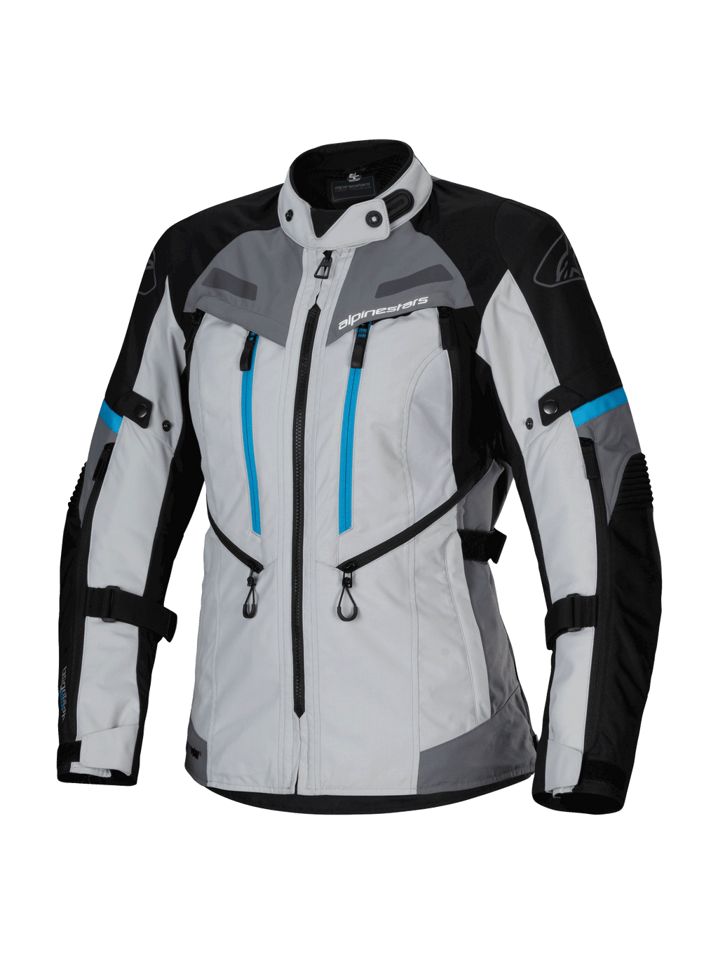 Chaqueta Alpinestars Stella Bogotá Pro Drystar®, chaqueta de aventura para mujer, gris hielo, negro y cian, con membrana impermeable Drystar®, doble cremallera vertical azul en el pecho, correas ajustables en brazos y cintura, y paneles protectores reforzados