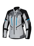 Chaqueta Alpinestars Stella Bogotá Pro Drystar®, chaqueta de aventura para mujer, gris hielo, negro y cian, con membrana impermeable Drystar®, doble cremallera vertical azul en el pecho, correas ajustables en brazos y cintura, y paneles protectores reforzados
