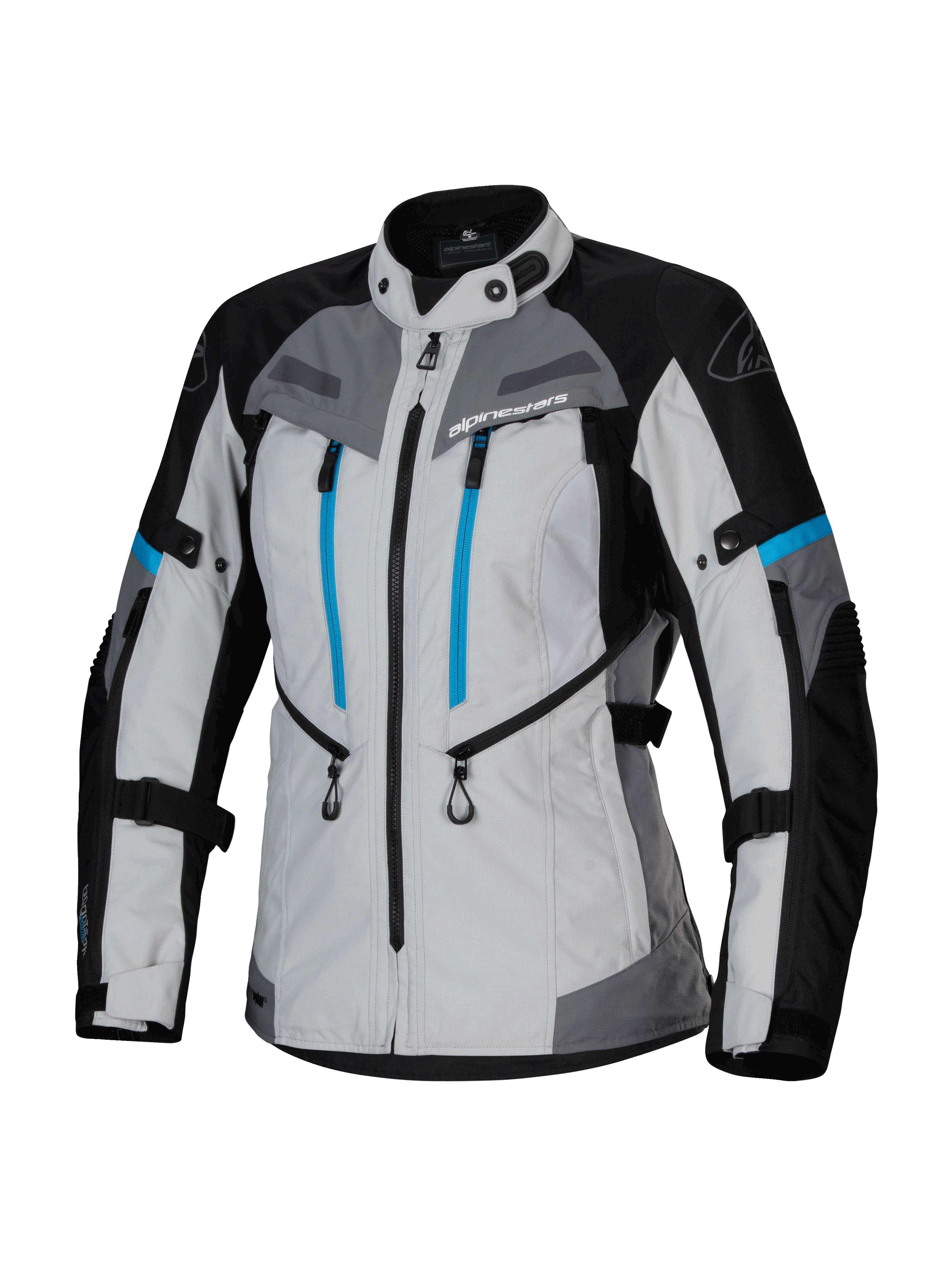 Chaqueta Alpinestars Stella Bogotá Pro Drystar®, chaqueta de aventura para mujer, gris hielo, negro y cian, con membrana impermeable Drystar®, doble cremallera vertical azul en el pecho, correas ajustables en brazos y cintura, y paneles protectores reforzados