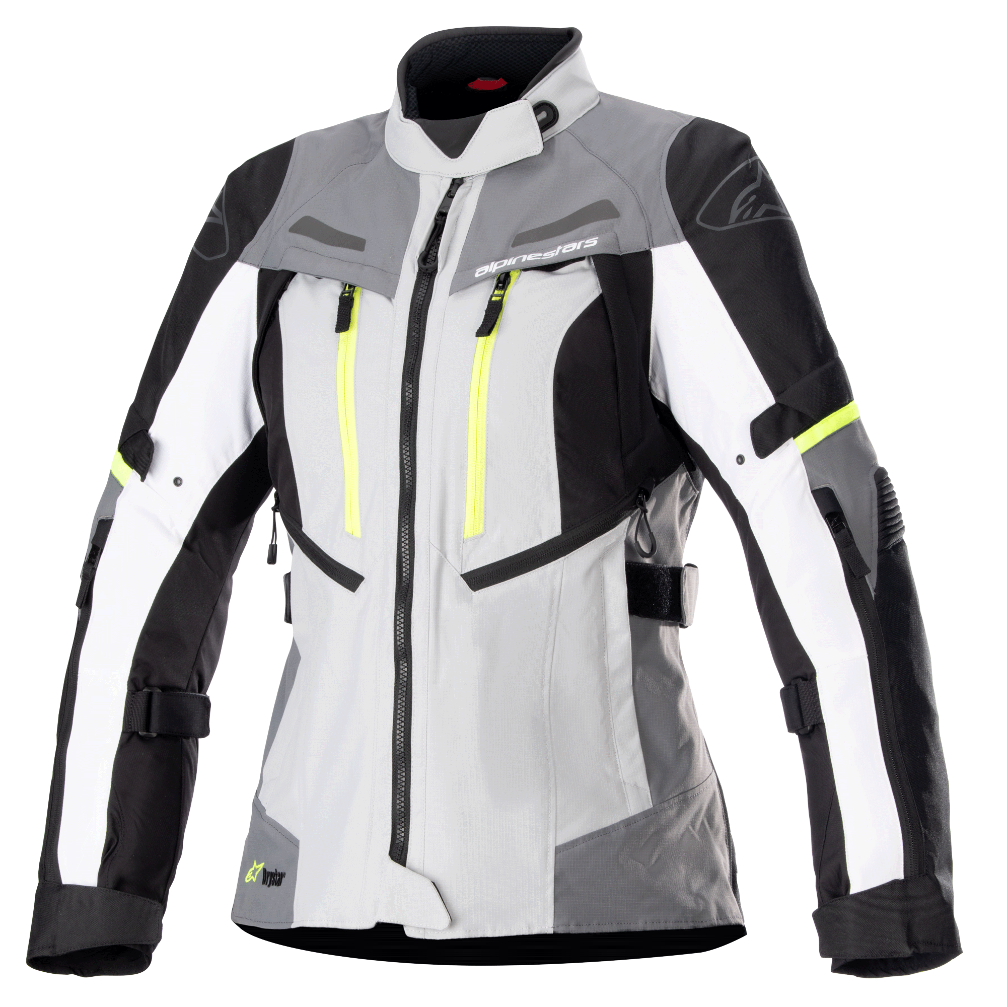 Chaqueta Alpinestars Stella Bogota Pro Drystar para mujer, chaqueta de moto touring, gris hielo y gris oscuro con detalles en blanco y amarillo neón, construcción textil impermeable con correas ajustables y cremalleras de ventilación, vista frontal sobre fondo blanco