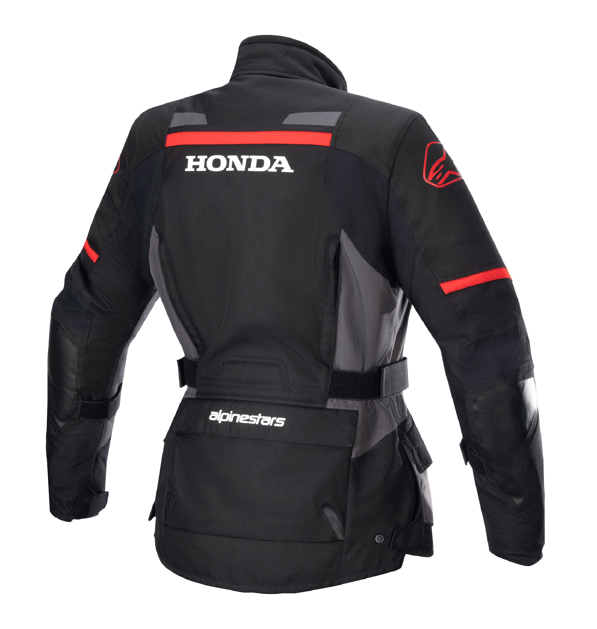 Alpinestars Women Stella Honda Andes V3 Drystar® Jacket, Motorcycle Adventure Jacket, Black Tar Gray and Bright Red, Rear view featuring bold white HONDA logo and red Alpinestars graphics, waterproof textile construction with adjustable waist and utility pockets