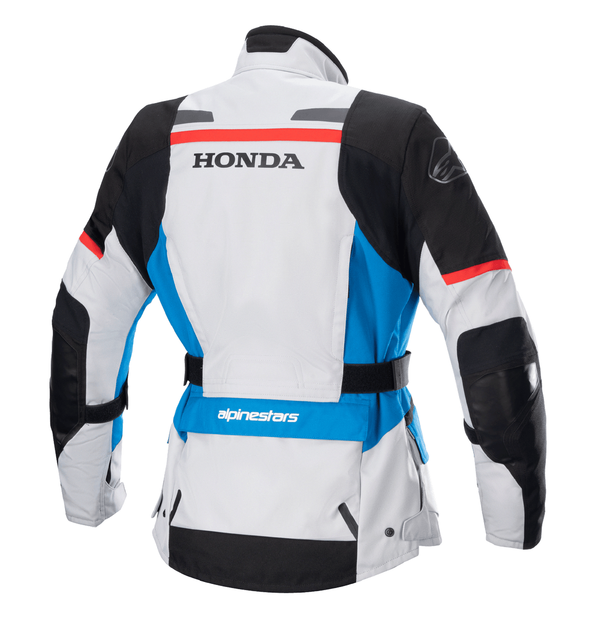 Chaqueta Alpinestars Stella Honda Andes V3 Drystar® para mujer, vista trasera, color gris hielo con detalles en azul y rojo brillante, marca HONDA en negro en la espalda, logotipo de Alpinestars en el hombro y la parte inferior de la espalda, cinturón de ajuste en la cintura, chaqueta textil de motociclismo para adventure touring
