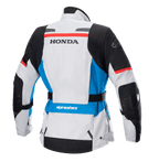 Chaqueta Alpinestars Stella Honda Andes V3 Drystar® para mujer, vista trasera, color gris hielo con detalles en azul y rojo brillante, marca HONDA en negro en la espalda, logotipo de Alpinestars en el hombro y la parte inferior de la espalda, cinturón de ajuste en la cintura, chaqueta textil de motociclismo para adventure touring