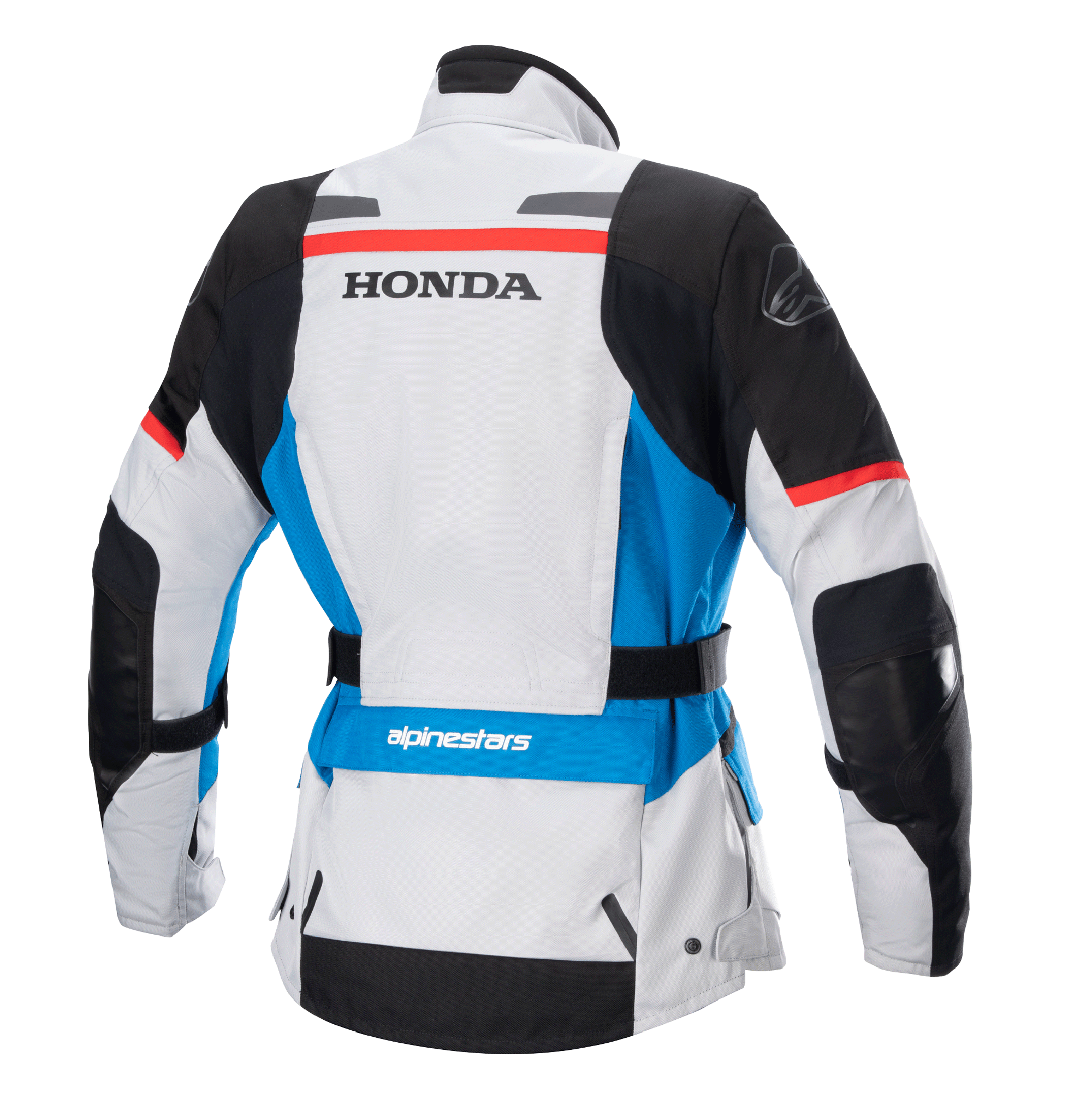 Chaqueta Alpinestars Stella Honda Andes V3 Drystar® para mujer, vista trasera, color gris hielo con detalles en azul y rojo brillante, marca HONDA en negro en la espalda, logotipo de Alpinestars en el hombro y la parte inferior de la espalda, cinturón de ajuste en la cintura, chaqueta textil de motociclismo para adventure touring