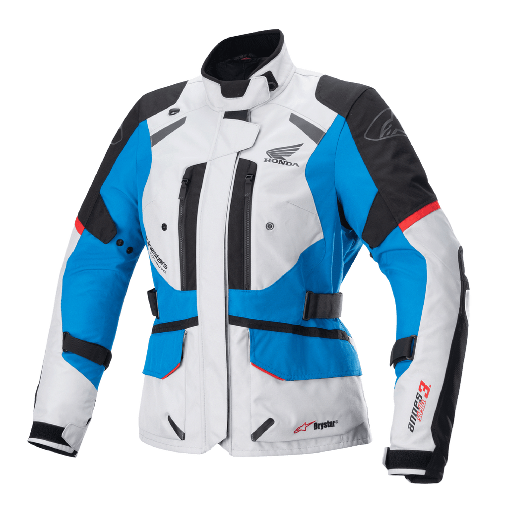 Alpinestars Stella Honda Andes V3 Drystar para mujer, chaqueta de moto para turismo, gris hielo, azul y rojo brillante, construcción textil impermeable con el logotipo del ala de Honda, ventilaciones con cremallera y correas de ajuste en la cintura