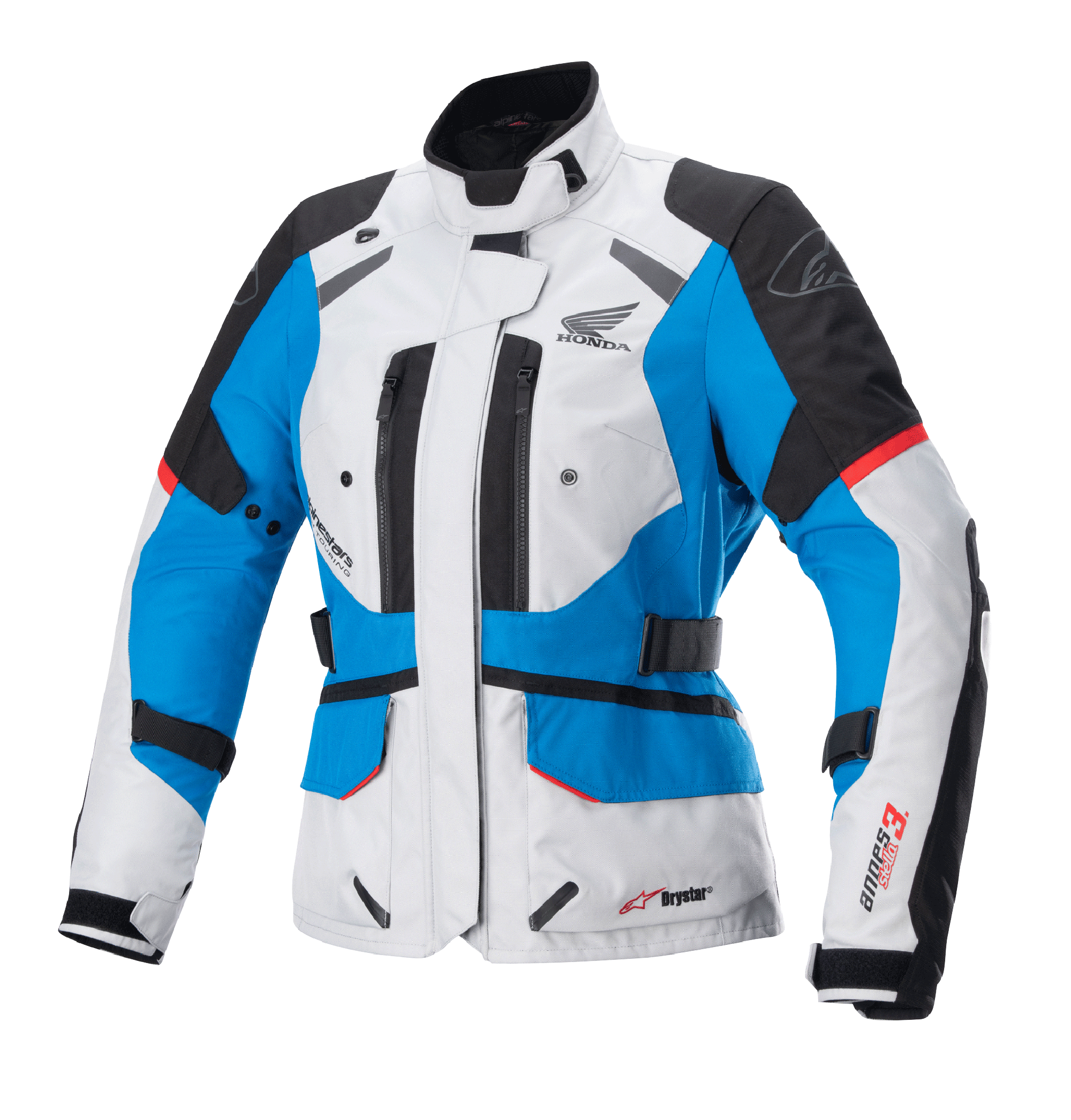 Alpinestars Stella Honda Andes V3 Drystar para mujer, chaqueta de moto para turismo, gris hielo, azul y rojo brillante, construcción textil impermeable con el logotipo del ala de Honda, ventilaciones con cremallera y correas de ajuste en la cintura