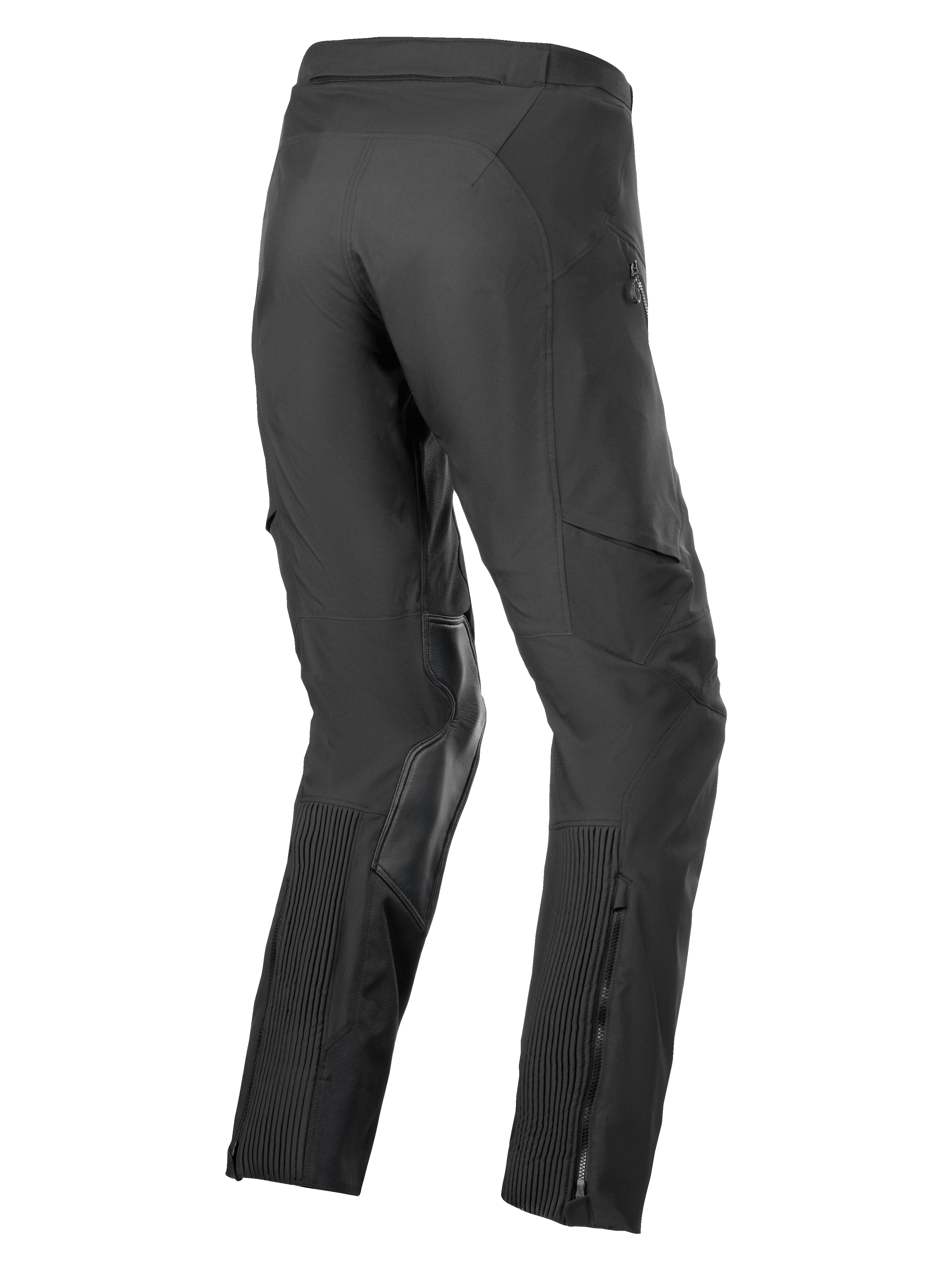 Alpinestars AMT-8 Stretch Drystar® XF Pants, Adventure Touring Motorcycle Pants, Black, 3/4 rear view featuring accordion stretch panels on the calves, goat leather inner knee reinforcements, and zippered leg entry.