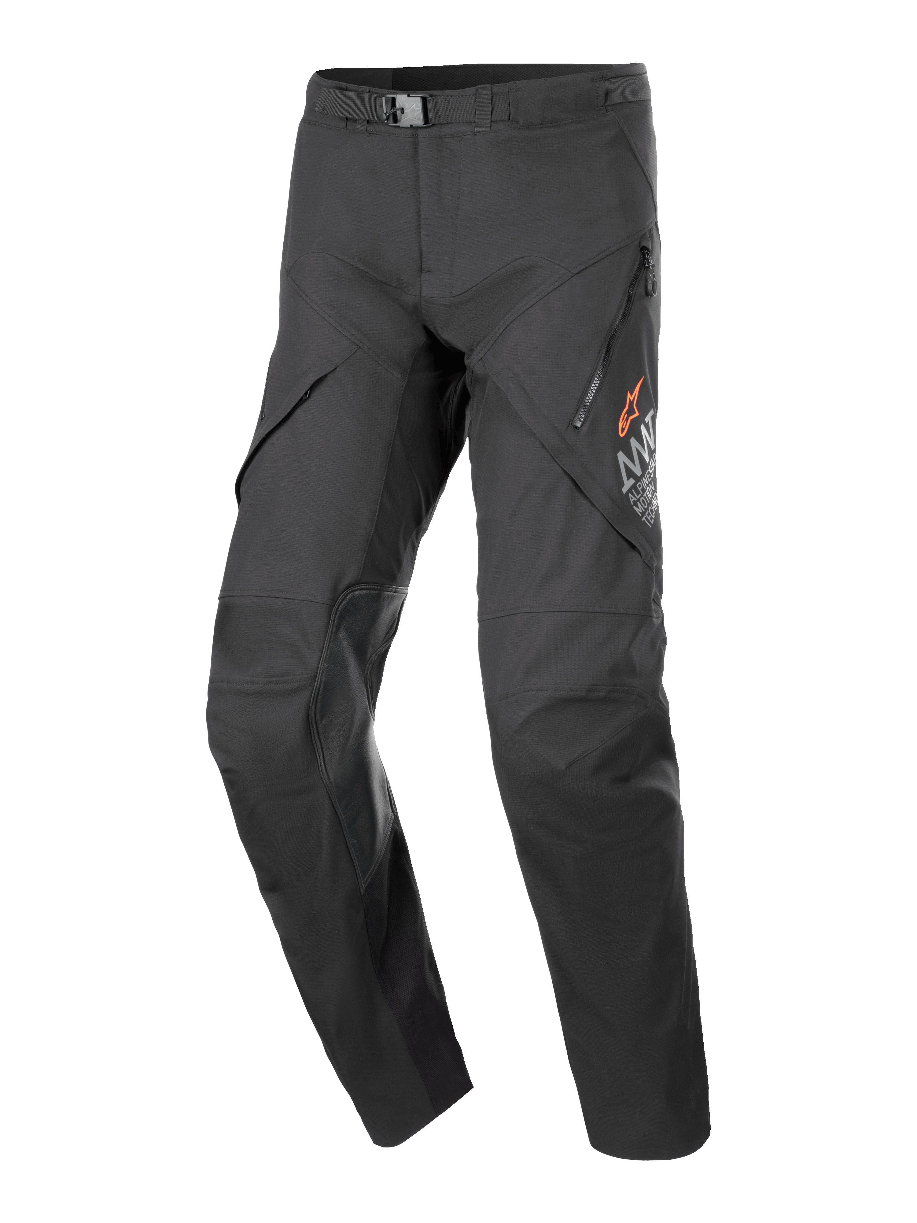 Pantalones Alpinestars AMT-8 Stretch Drystar® XF, pantalones textiles de moto, negros, cierre de hebilla en la cintura, bolsillos con cremallera en el muslo con logotipo naranja, paneles reforzados en las rodillas, diseño ergonómico precurvado para adventure touring