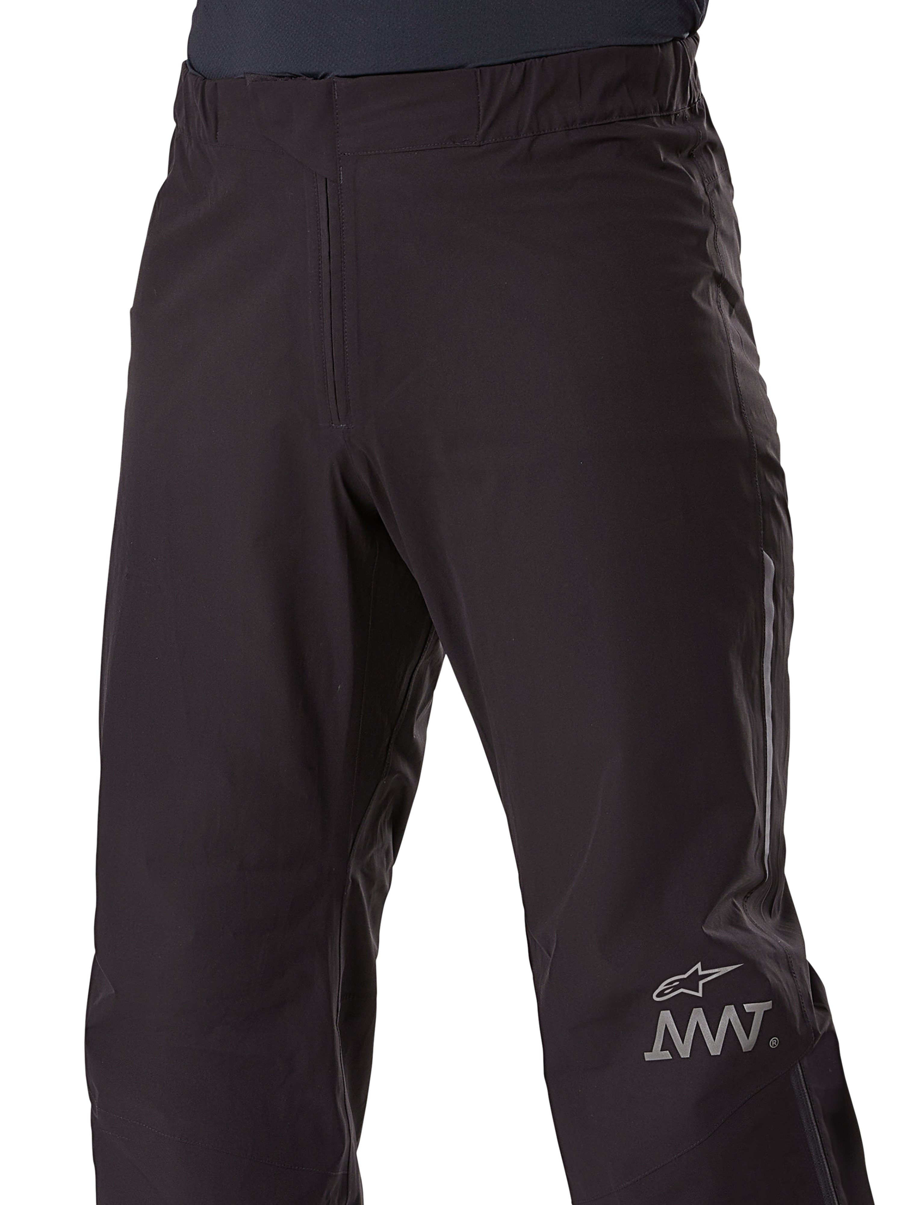 Alpinestars AMT-8 Stretch Drystar® XF Pant Liner, Motorcycle Pant Liner, Black, featuring Alpinestars star and AMT logo on the leg, elastic waistband, sleek waterproof textile construction