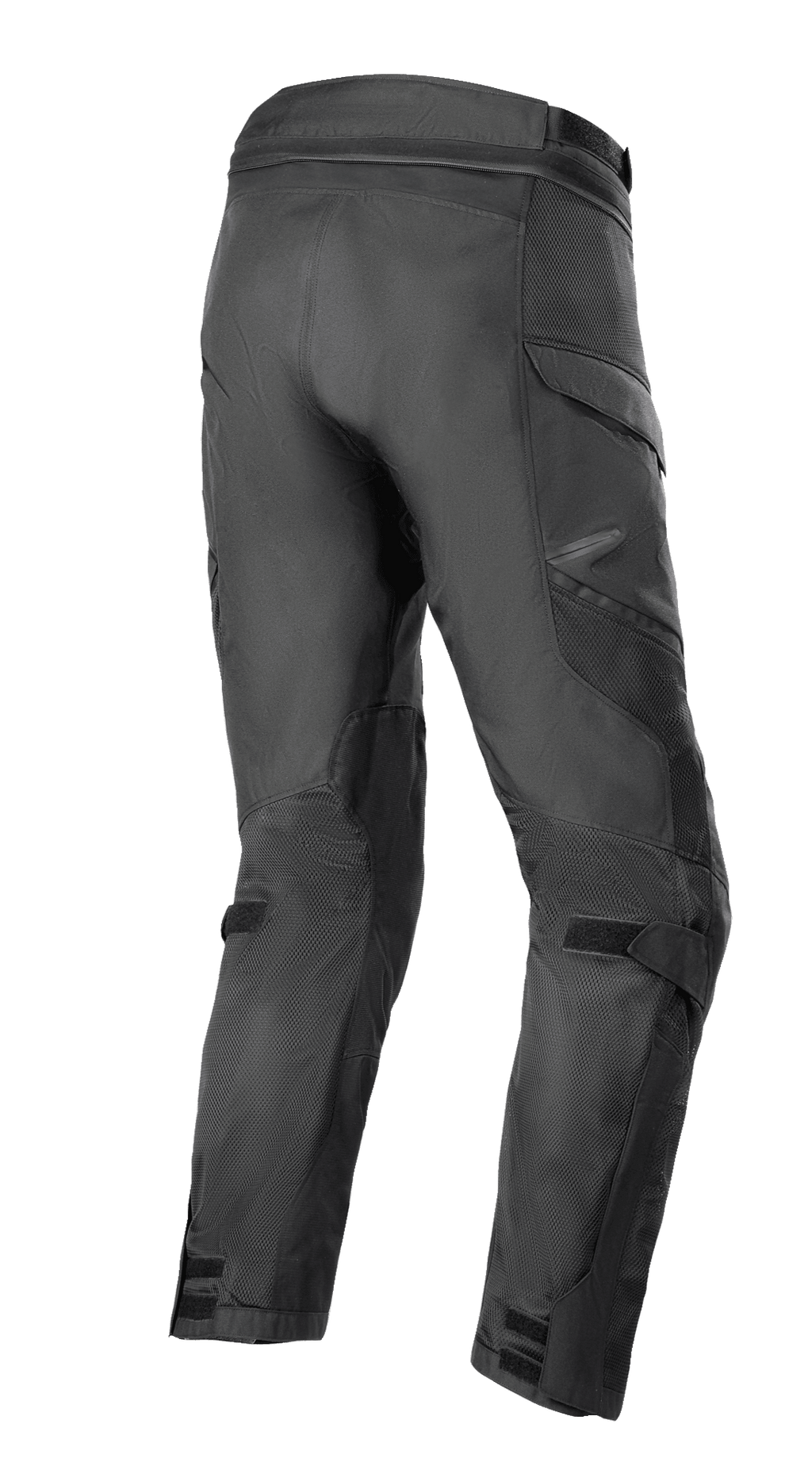 Pantalón Alpinestars Andes Air Drystar® - Largo Corto, pantalones de moto Adventure Touring en color negro, vista trasera en tres cuartos que muestra extensos paneles de malla 2D para el flujo de aire, construcción de pierna precurvada y correas ajustables en rodillas y tobillos