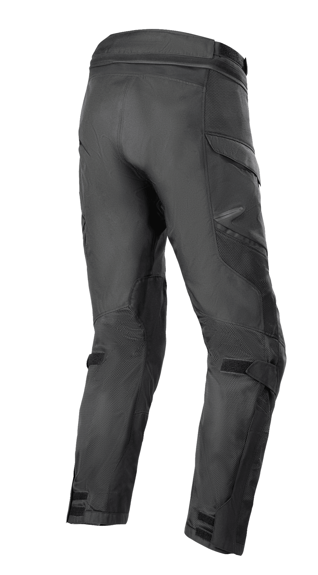 Pantalón Alpinestars Andes Air Drystar® - Largo Corto, pantalones de moto Adventure Touring en color negro, vista trasera en tres cuartos que muestra extensos paneles de malla 2D para el flujo de aire, construcción de pierna precurvada y correas ajustables en rodillas y tobillos