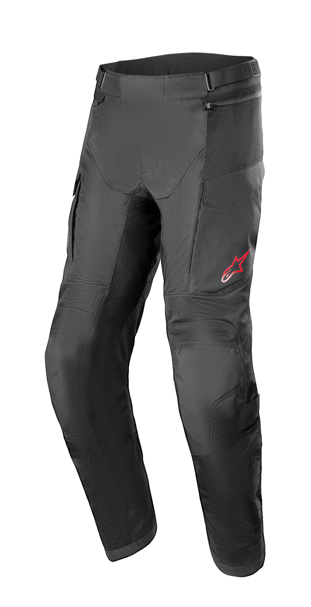Alpinestars Andes Air Drystar Pant - Short Length, pantalones de moto para turismo negros, paneles de malla para ventilación, protección de rodilla reforzada, bolsillos cargo, pequeño logo rojo en el muslo izquierdo, correas ajustables en la cintura