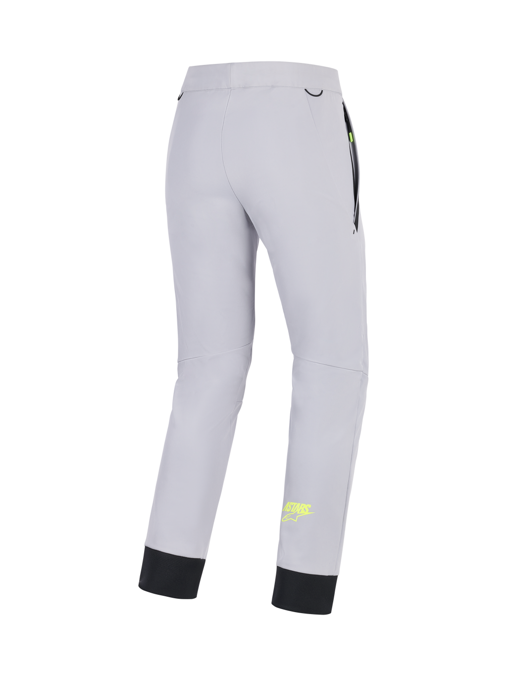Alpinestars Pantalones Aeroshell, pantalones de moto softshell para hombre, gris medio con detalles en amarillo flúor, vista trasera que muestra la construcción elástica, dobladillo inferior elástico y detalles de los bolsillos