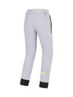 Alpinestars Pantalones Aeroshell, pantalones de moto softshell para hombre, gris medio con detalles en amarillo flúor, vista trasera que muestra la construcción elástica, dobladillo inferior elástico y detalles de los bolsillos