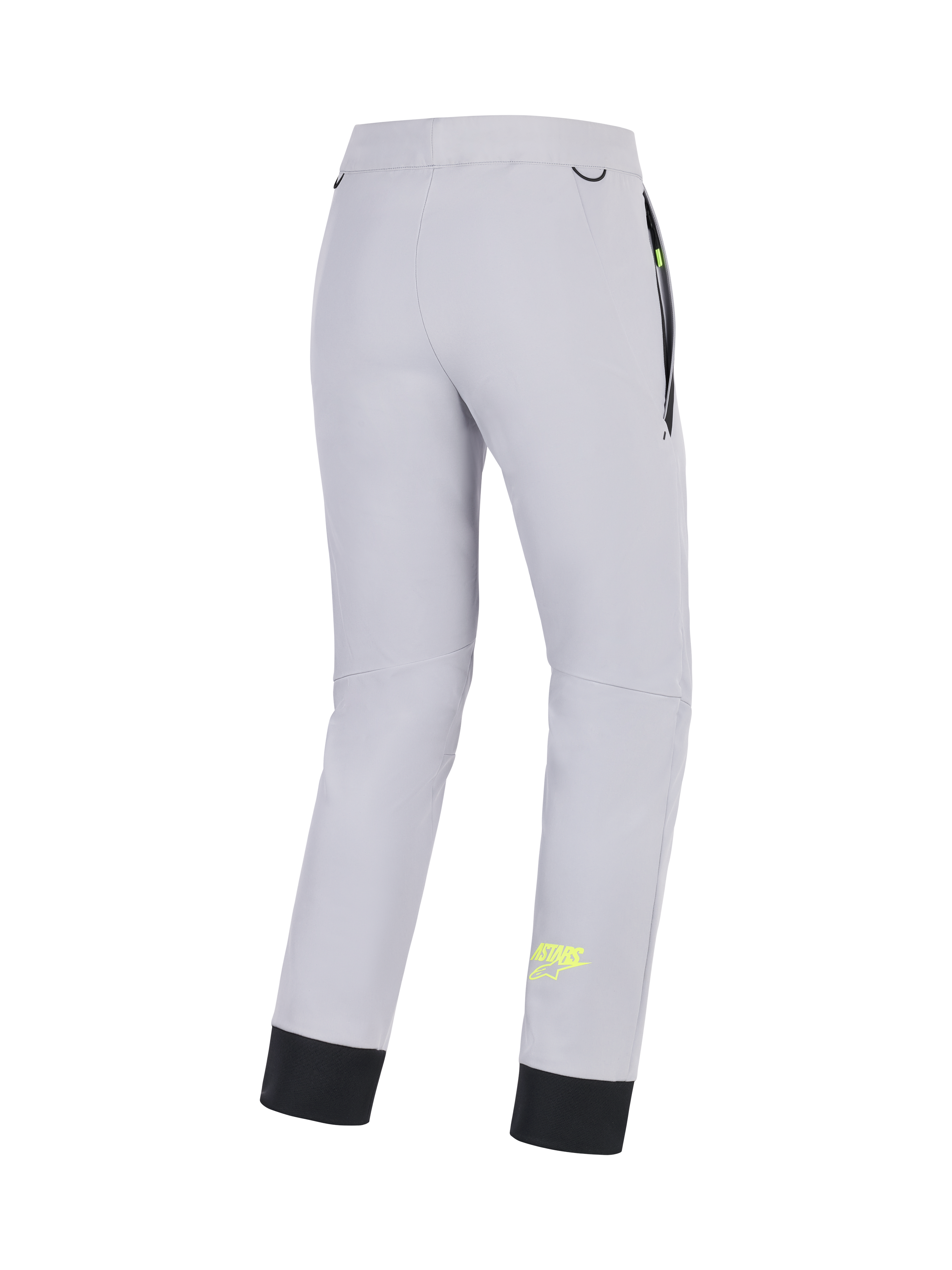 Alpinestars Pantalones Aeroshell, pantalones de moto softshell para hombre, gris medio con detalles en amarillo flúor, vista trasera que muestra la construcción elástica, dobladillo inferior elástico y detalles de los bolsillos