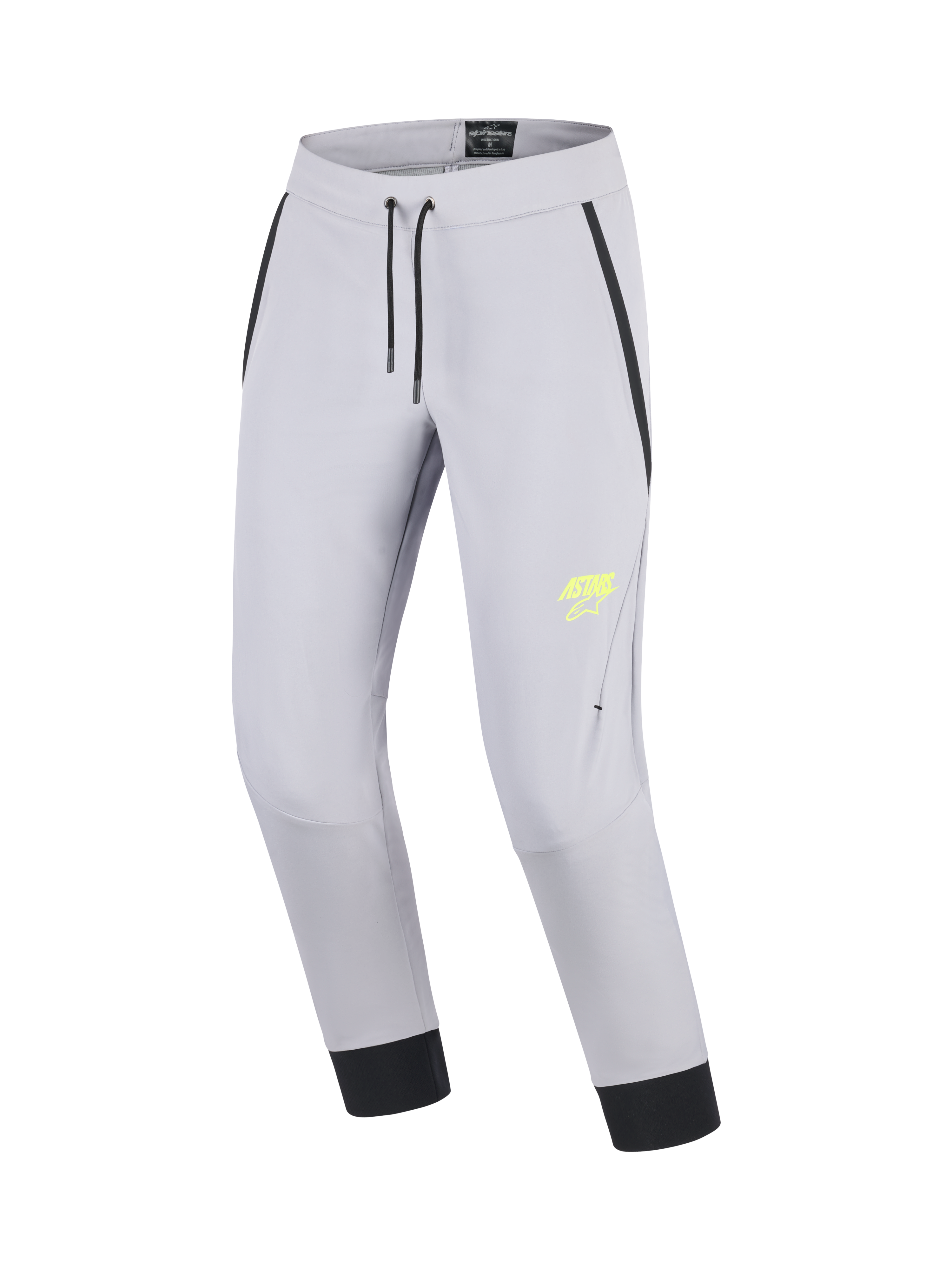 Alpinestars Pantalones Aeroshell, pantalones de moto softshell con construcción elástica, gris medio y amarillo fluo, con rodillas precurvadas, cintura elástica con cordón y certificación CE
