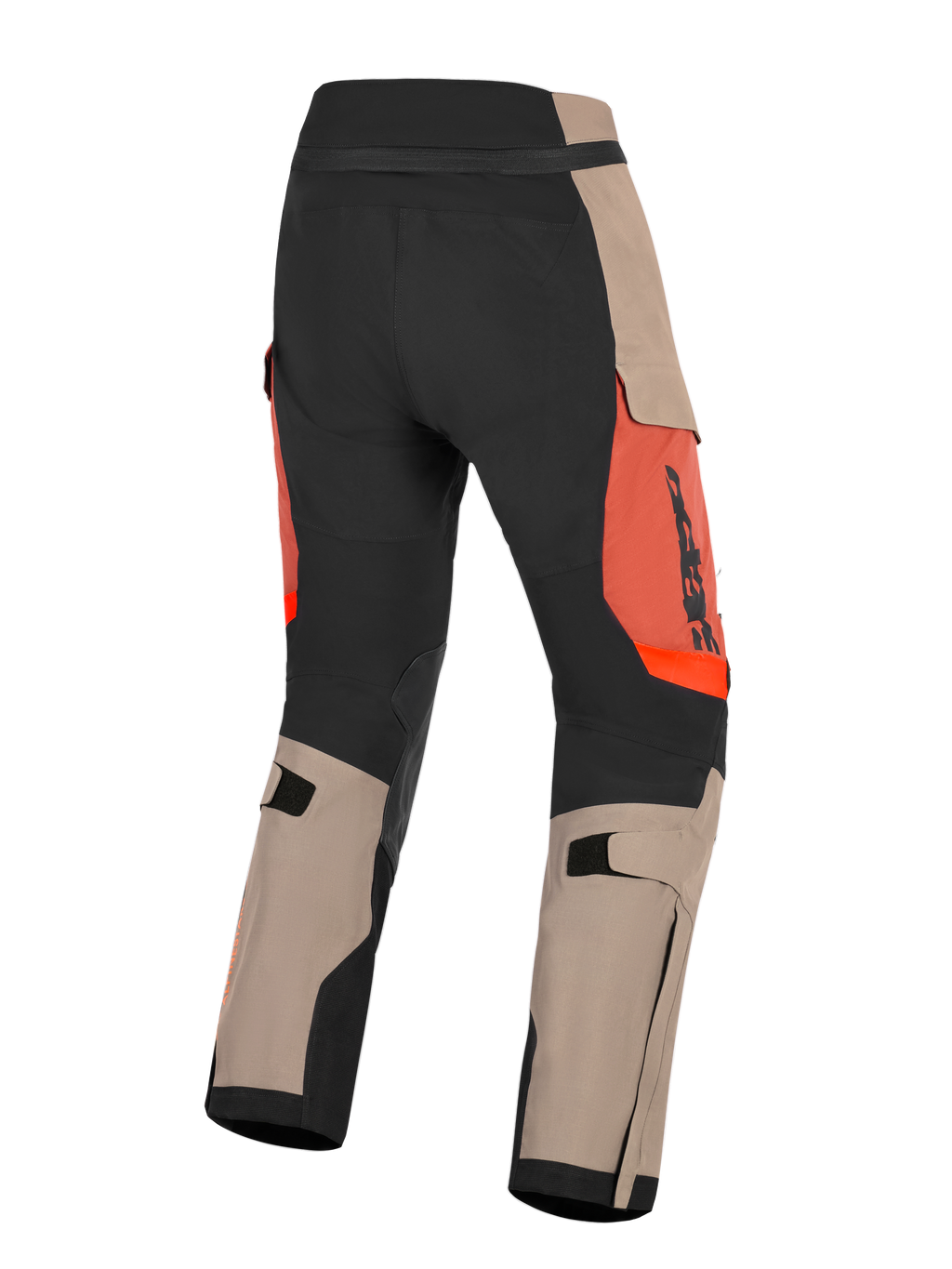 Pantalones Alpinestars Halo Pro Drystar® XF, color nogal, óxido y negro, vista trasera de pantalones de moto de aventura, con paneles en nogal y negro con detalles en naranja óxido, correas ajustables en la pantorrilla y construcción duradera para conducción todo terreno.