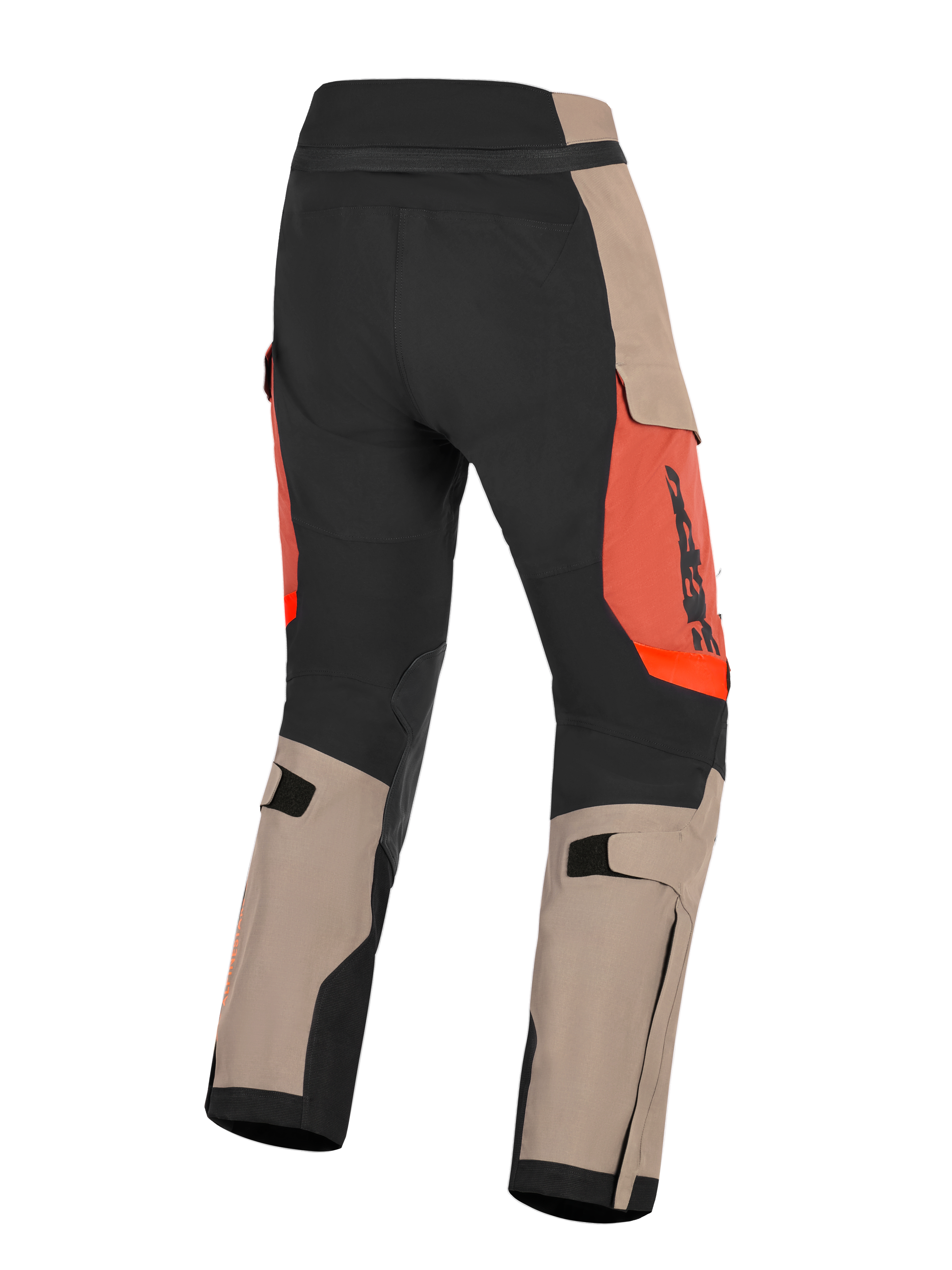 Pantalones Alpinestars Halo Pro Drystar® XF, color nogal, óxido y negro, vista trasera de pantalones de moto de aventura, con paneles en nogal y negro con detalles en naranja óxido, correas ajustables en la pantorrilla y construcción duradera para conducción todo terreno.