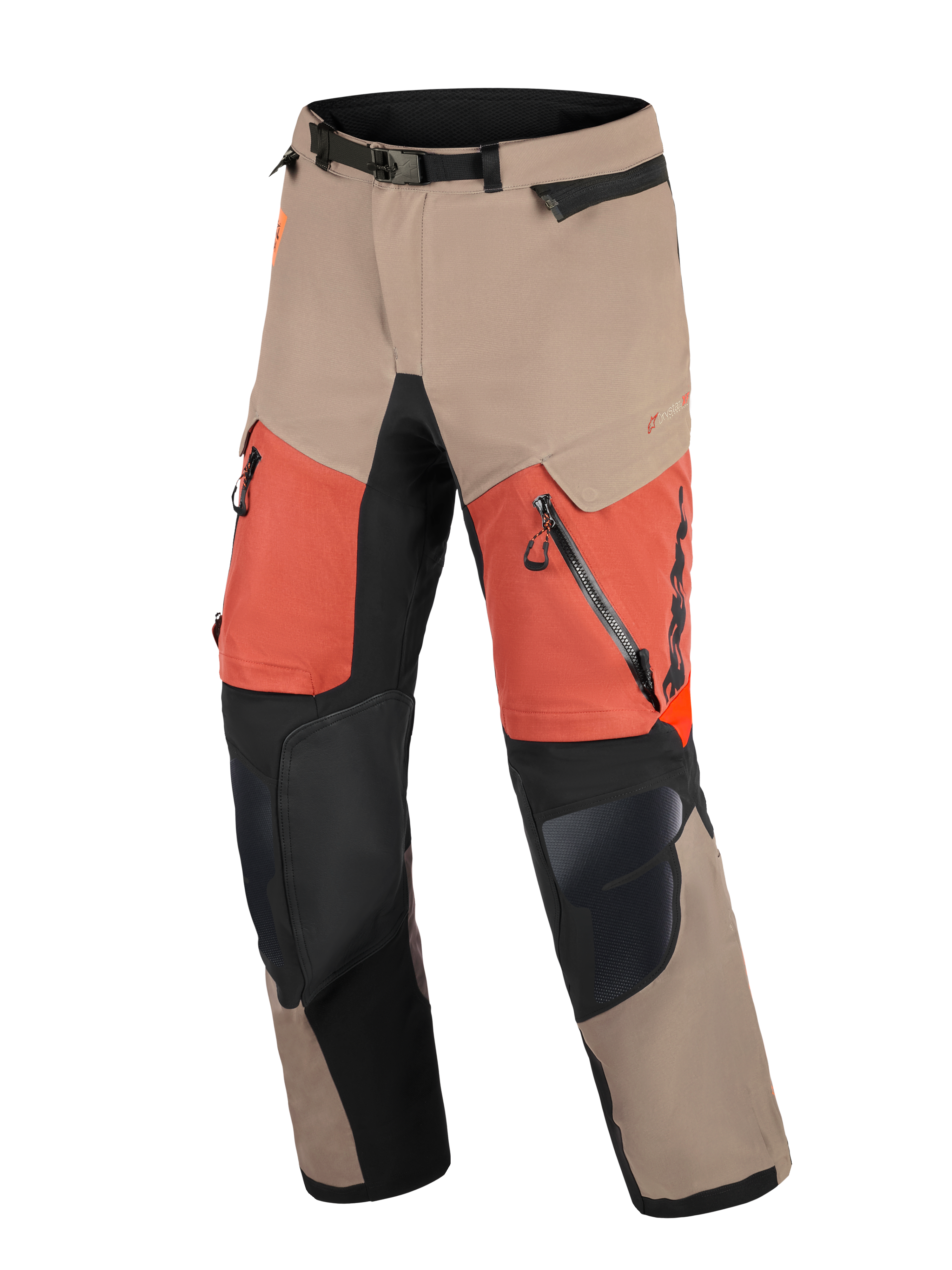 Pantalones Alpinestars Halo Pro Drystar® XF Laminated, pantalones de motociclismo de aventura, color Walnut Rust Black, con paneles en tonos canela y naranja, refuerzos negros en las rodillas, grandes ventilaciones con cremallera en los muslos y cintura ajustable con hebilla magnética