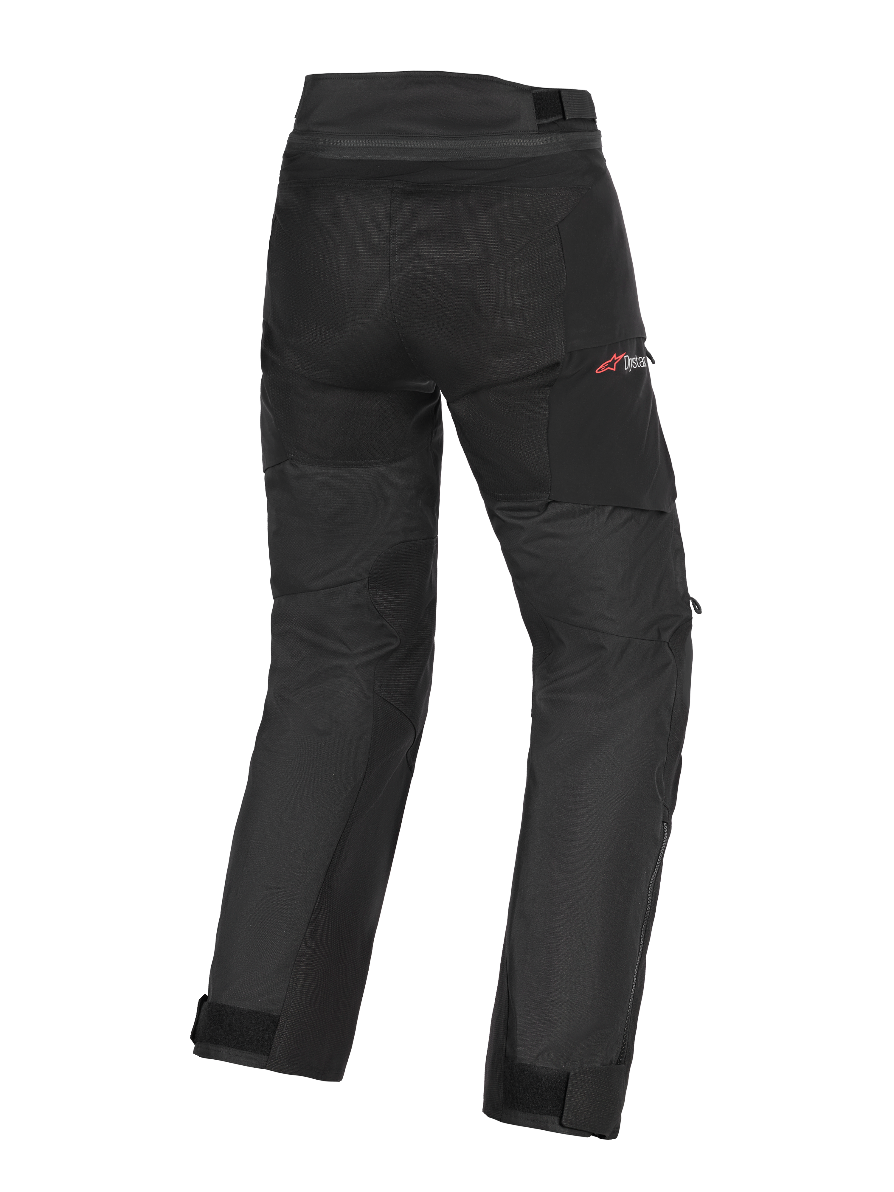 Alpinestars Andes V4 Drystar® Pants - Long, pantalones de moto adventure-touring negros, vista trasera que muestra el chasis textil duradero, correas ajustables en los tobillos y sutil marca Drystar en rojo