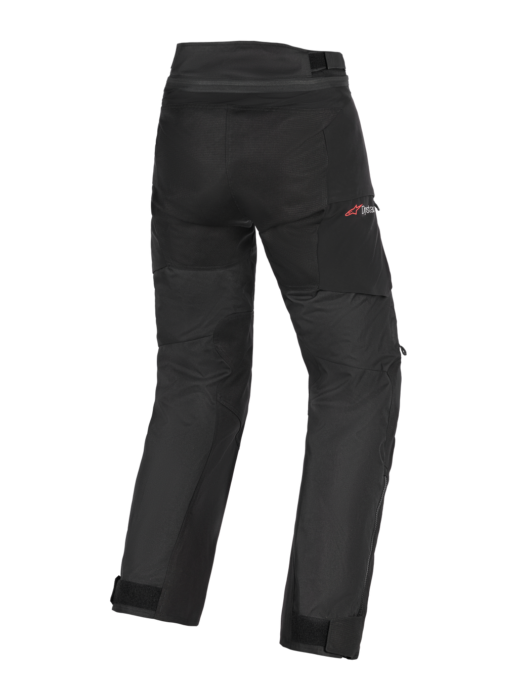 Alpinestars Andes V4 Drystar® Pants, Adventure Motorcycle Pants, Black, rear view showing textile construction with reinforced seat and knee areas, red Drystar logo on the hip, adjustable waist and ankle straps, waterproof and durable design for all-weather riding