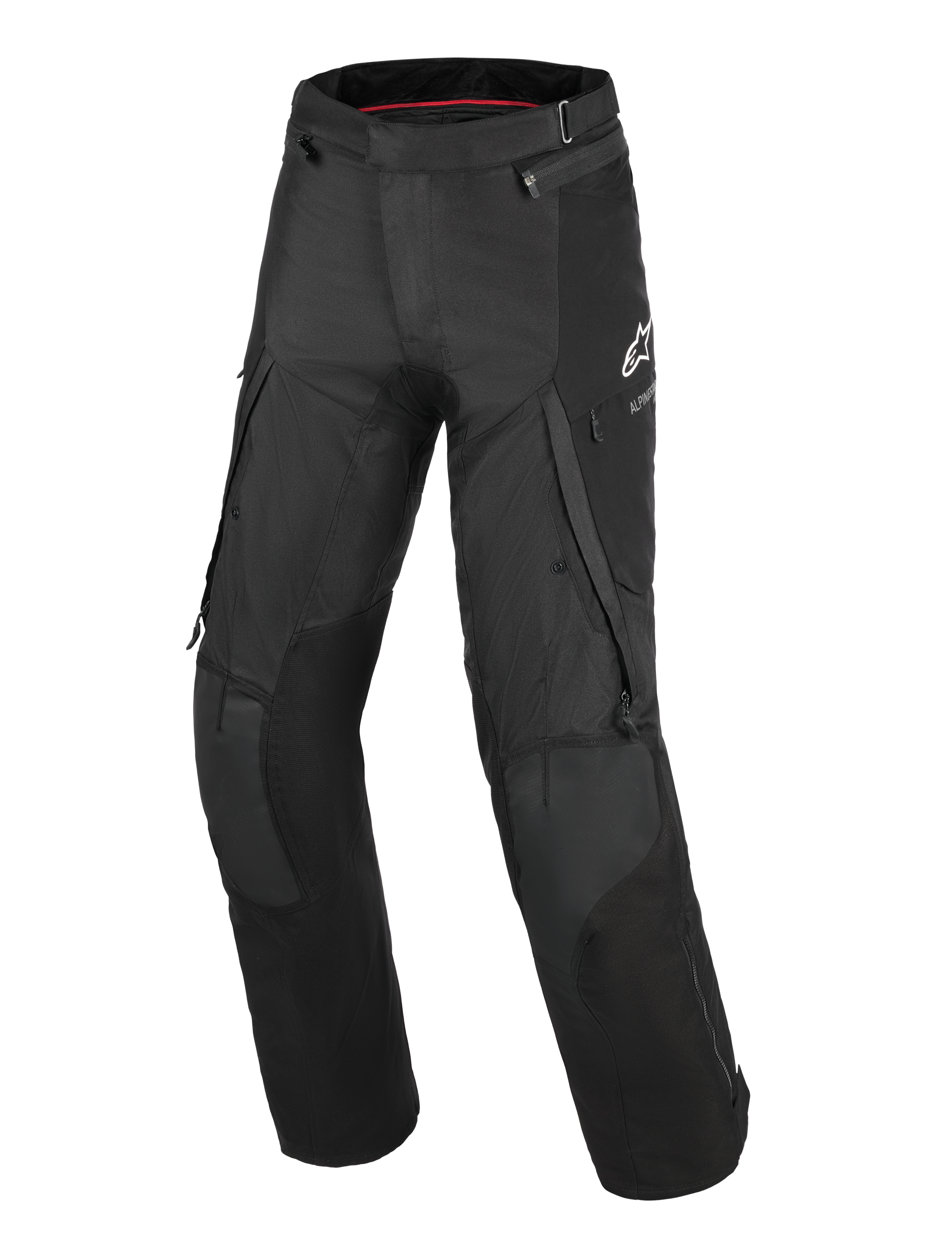 Alpinestars Andes V4 Drystar® Pants - Long, pantalones negros de moto para aventura y turismo, con grandes bolsillos de carga, paneles reforzados en las rodillas, ventilación con cremallera en los muslos y el logotipo de Alpinestars en blanco en el muslo izquierdo.
