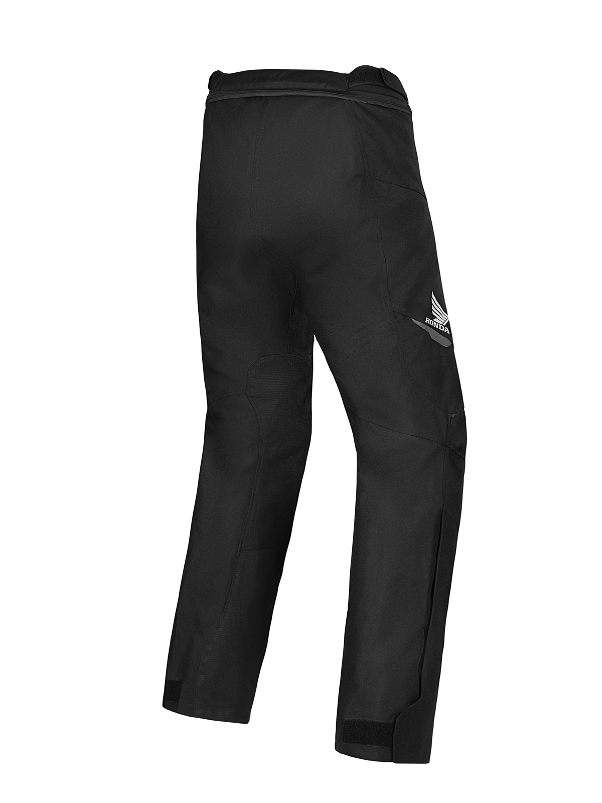 Alpinestars Honda ST-1 Waterproof Pants, pantalones de touring para moto, negros, vista trasera que muestra el logo del ala de Honda en el muslo, diseño textil aerodinámico con movilidad ergonómica y cremallera de conexión en la cintura
