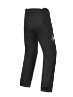 Alpinestars Honda ST-1 Waterproof Pants, pantalones de touring para moto, negros, vista trasera que muestra el logo del ala de Honda en el muslo, diseño textil aerodinámico con movilidad ergonómica y cremallera de conexión en la cintura
