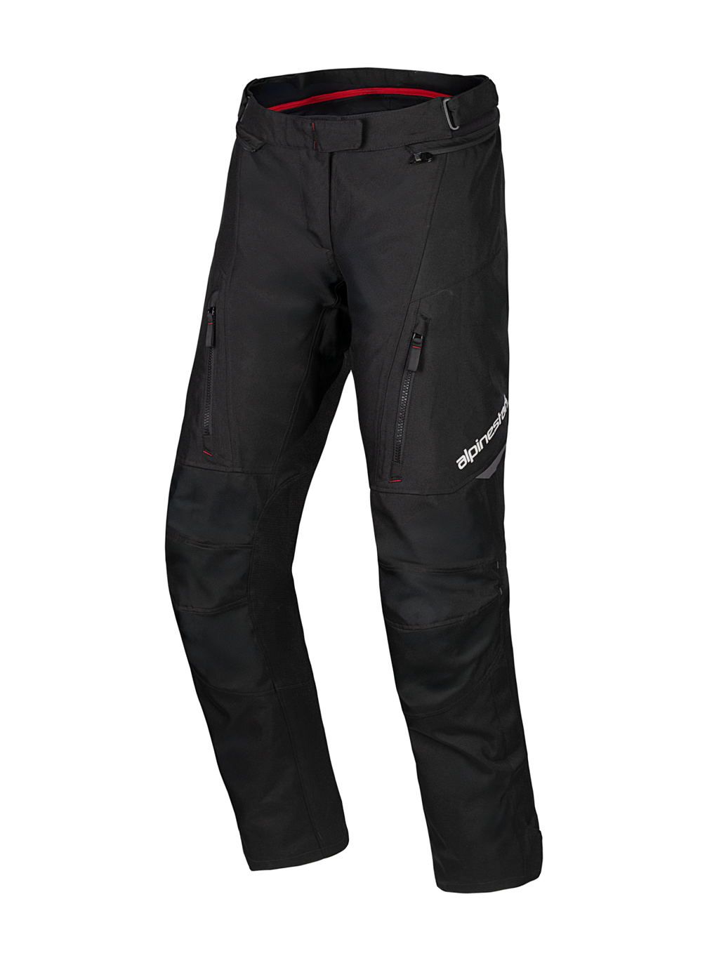 Alpinestars Honda ST-1 Waterproof Pants, pantalones de touring para moto, negros con detalles interiores en rojo, bolsillos cargo con cremallera en los muslos, piernas ergonómicas precurvadas con rodillas reforzadas, equipamiento textil impermeable para aventura