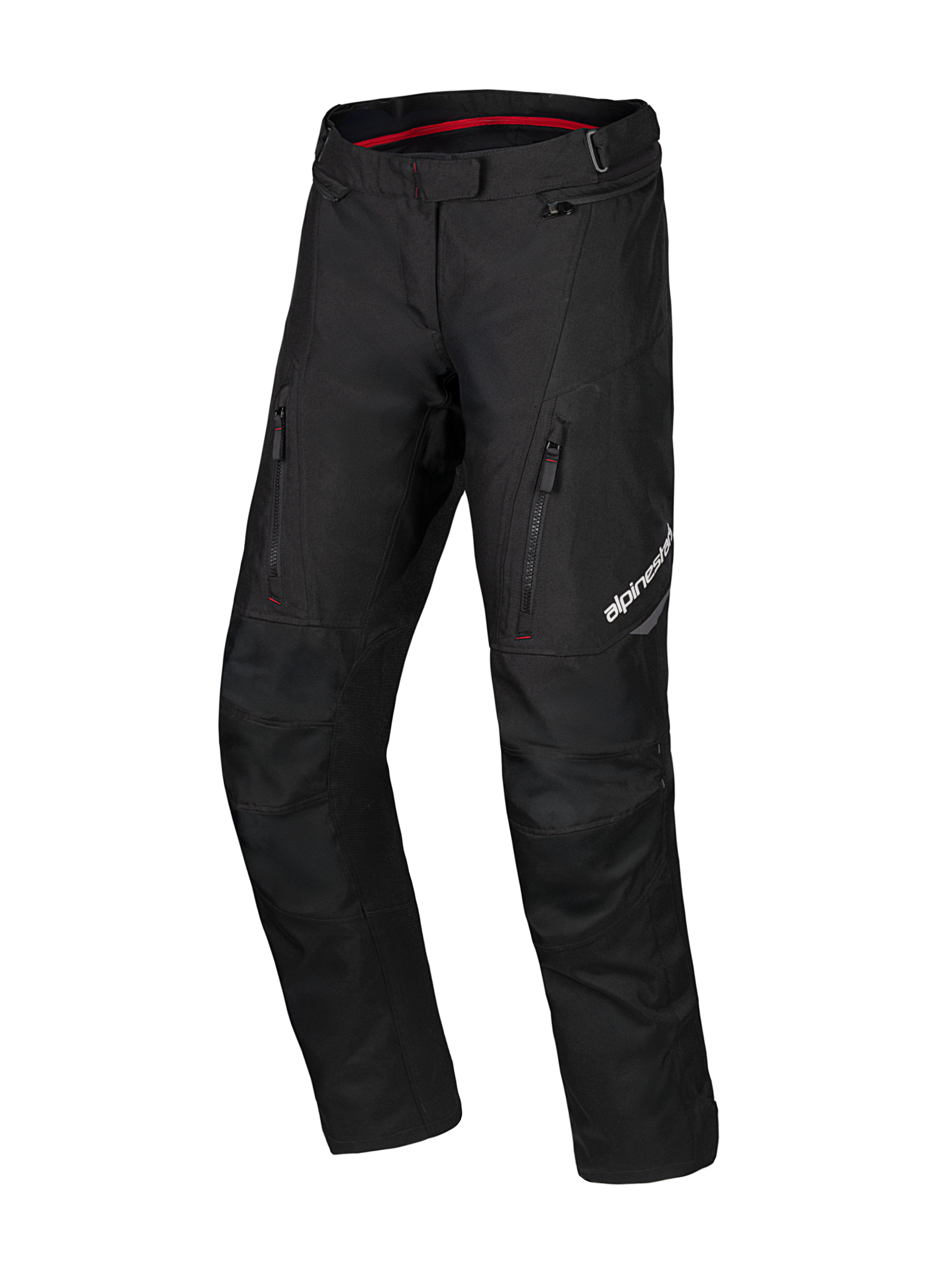 Alpinestars Honda ST-1 Waterproof Pants, pantalones de touring para moto, negros con detalles interiores en rojo, bolsillos cargo con cremallera en los muslos, piernas ergonómicas precurvadas con rodillas reforzadas, equipamiento textil impermeable para aventura