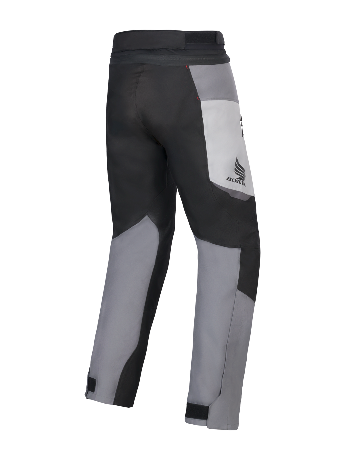 Alpinestars Honda St-1 Waterproof Pants, pantalones de touring para moto, gris hielo, gris oscuro y negro, vista trasera con diseño textil de múltiples paneles, logotipo de Honda en el muslo y cierres de tobillo ajustables para todo tipo de clima.