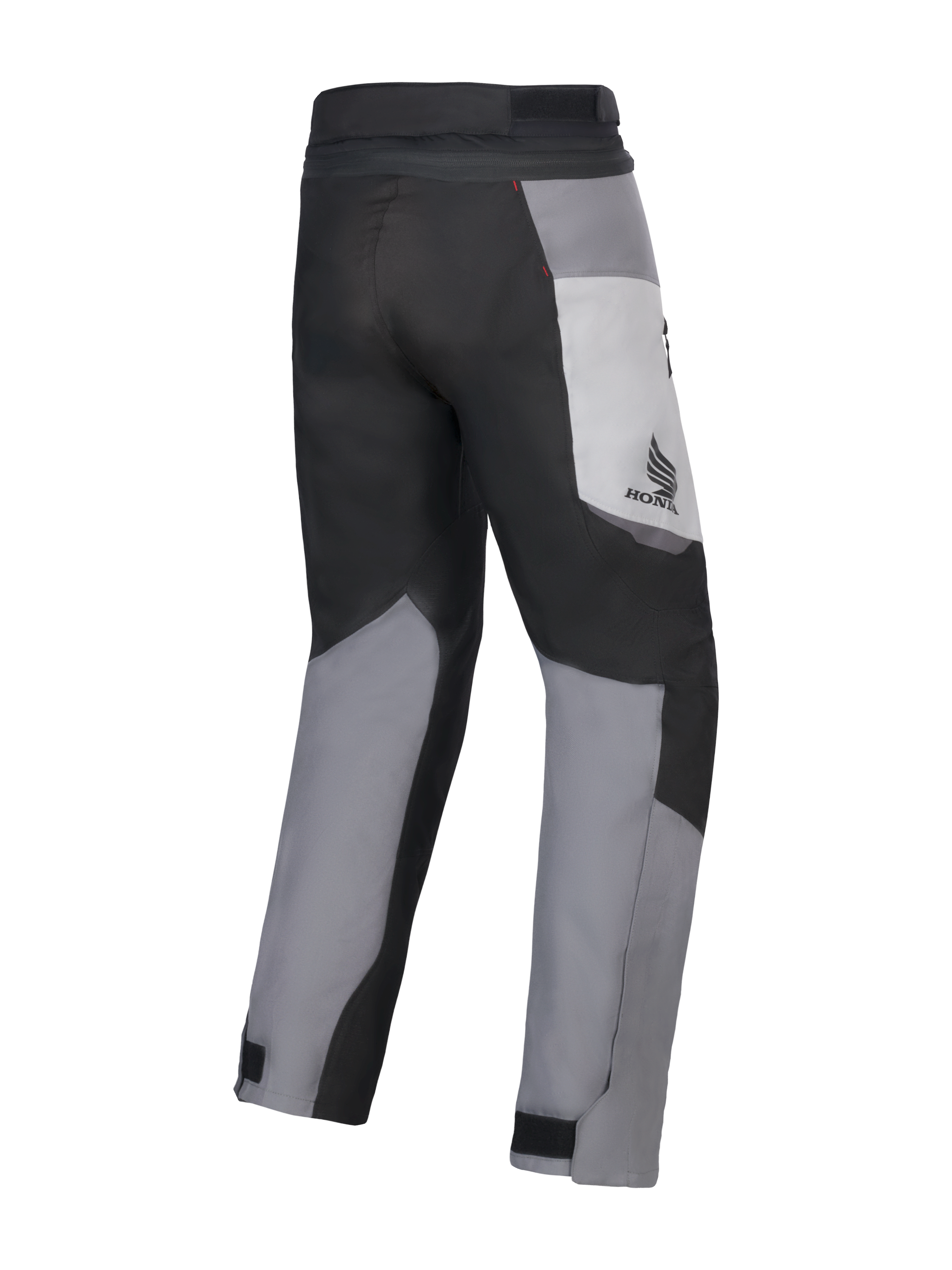 Alpinestars Honda St-1 Waterproof Pants, Motorcycle Touring Pants, Ice Gray, Dark Gray, and Black, rear view showing multi-panel textile design, Honda logo on the thigh, and adjustable ankle closures for all-weather riding.