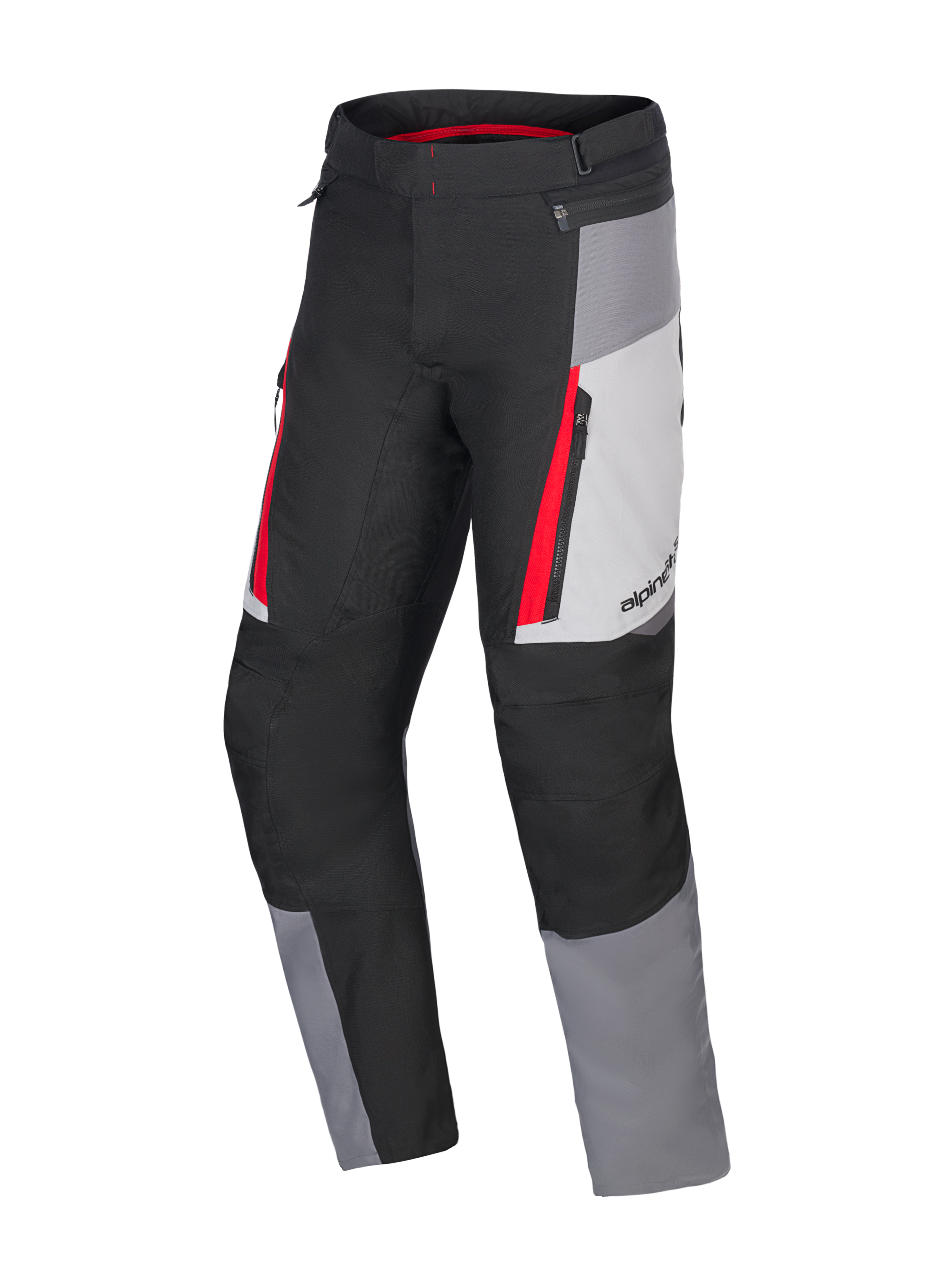 Pantalones Alpinestars Honda ST-1 Waterproof, pantalones de moto para touring, gris hielo, gris oscuro y negro con detalles en rojo, construcción textil técnica con forro impermeable, bolsillos cargo con cremallera y piernas precurvadas ergonómicas