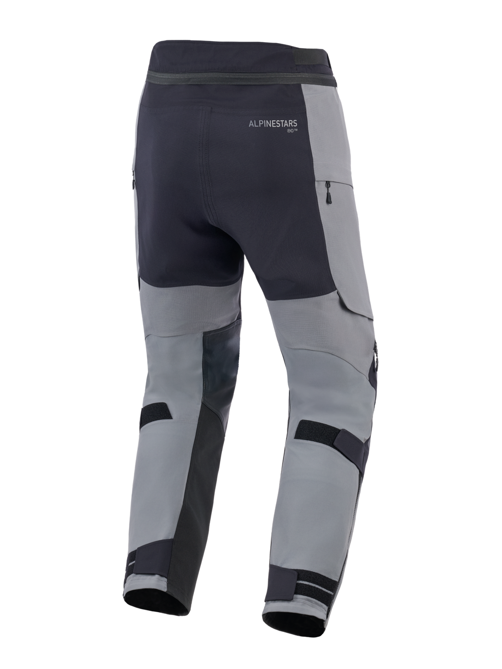 Pantalones Alpinestars Andes Pro Drystar® XF, pantalones de motociclismo de aventura, gris oscuro y negro, vista trasera con correas ajustables en la pantorrilla, logotipo de Alpinestars y detalles de cremalleras impermeables