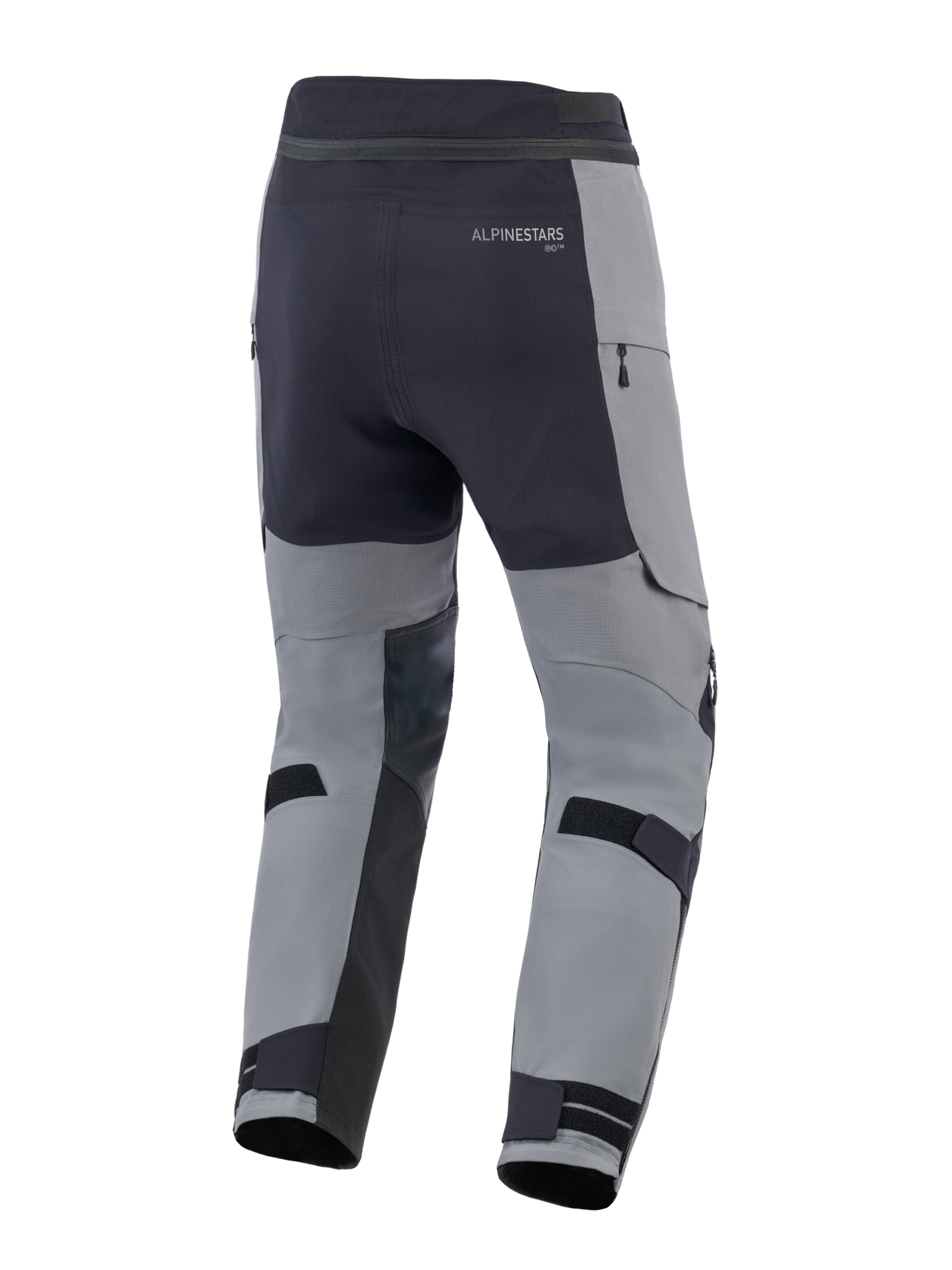 Pantalones Alpinestars Andes Pro Drystar® XF, pantalones de motociclismo de aventura, gris oscuro y negro, vista trasera con correas ajustables en la pantorrilla, logotipo de Alpinestars y detalles de cremalleras impermeables