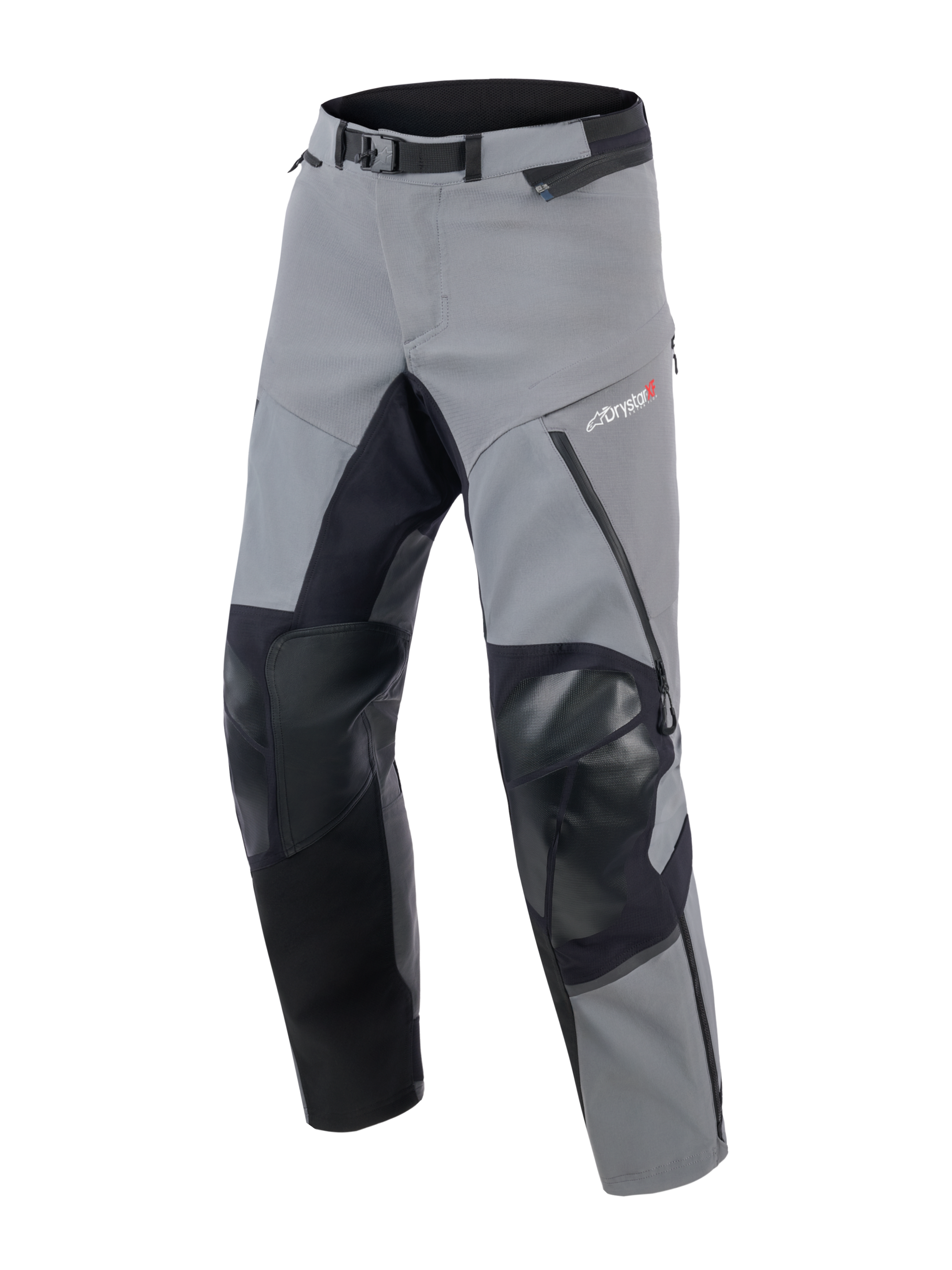 Alpinestars Andes Pro Drystar® XF Pants, pantalones de motociclismo para turismo de aventura, gris oscuro y negro, con paneles reforzados negros en rodillas y parte interna de la pierna, hebilla magnética en la cintura y logotipo Drystar XF en el muslo, diseño técnico para condiciones climáticas extremas.