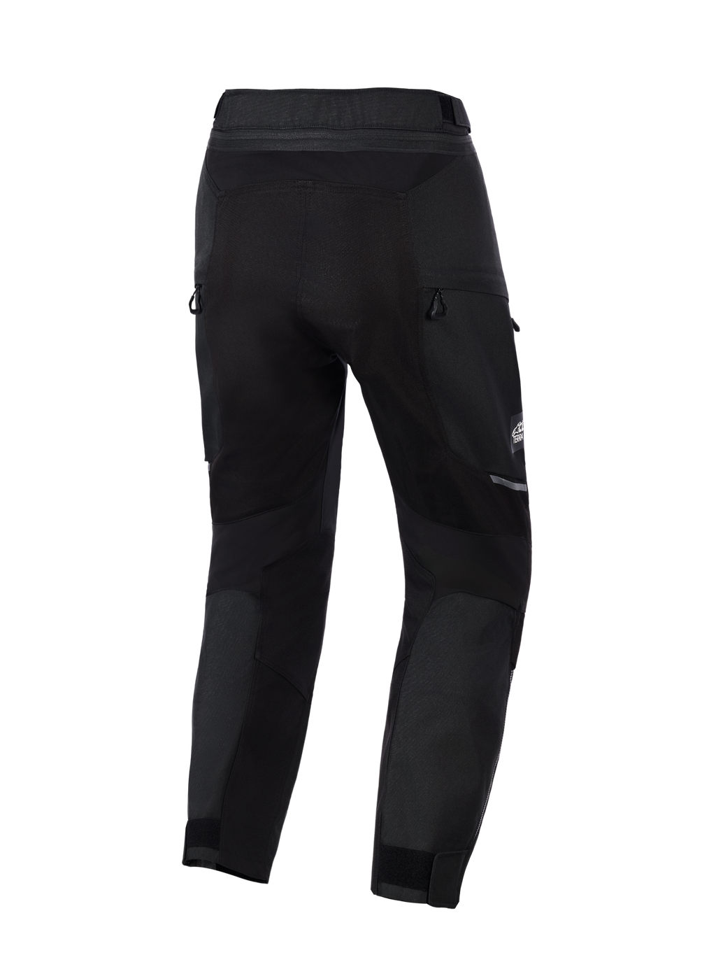 Alpinestars Cusco Drystar® Pants, pantalones de aventura para motocicleta, negros, vista posterior con ventilación de cremallera y paneles elásticos, construcción textil resistente con detalles reflectantes