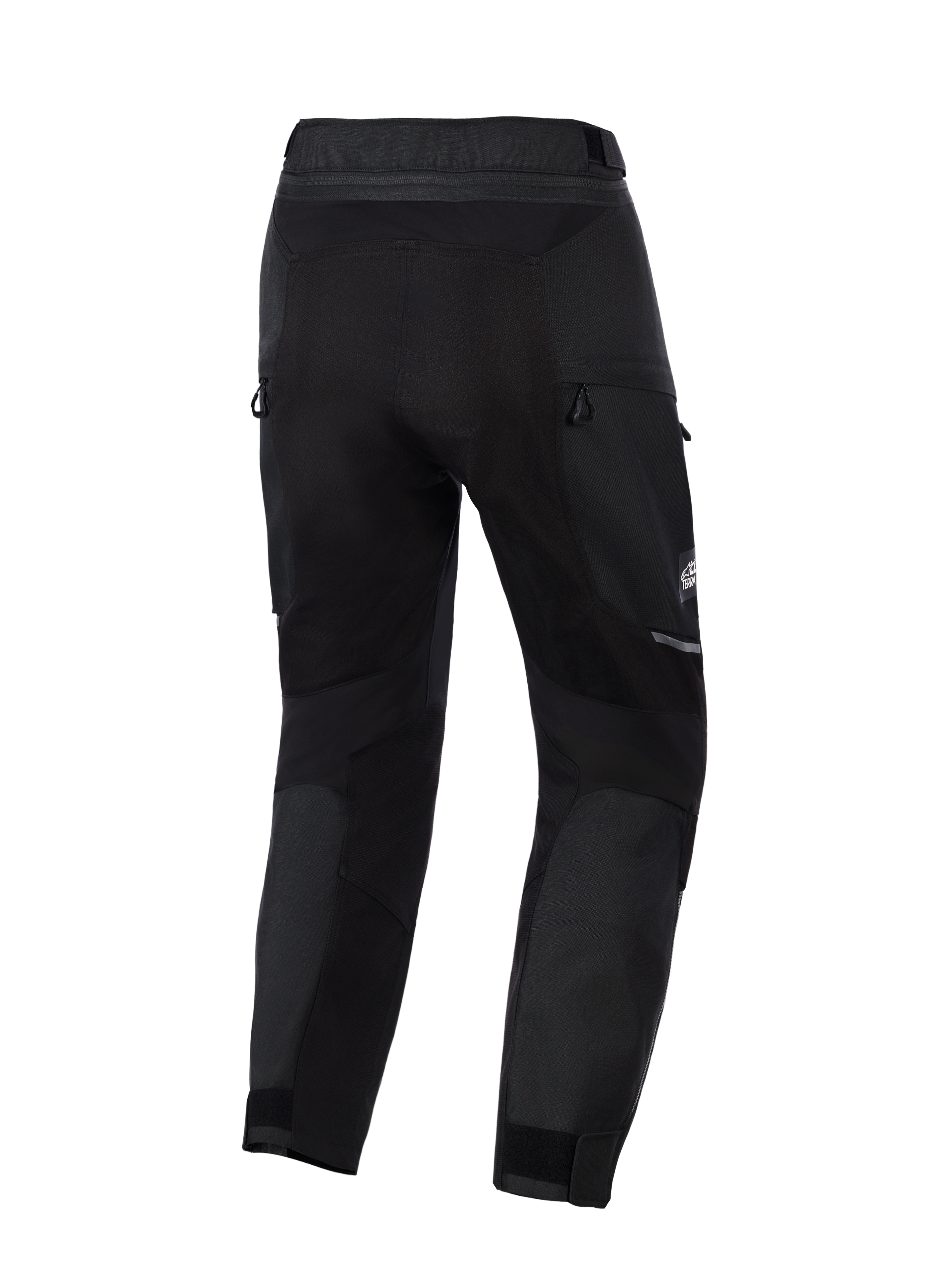 Alpinestars Cusco Drystar® Pants, pantalones de aventura para motocicleta, negros, vista posterior con ventilación de cremallera y paneles elásticos, construcción textil resistente con detalles reflectantes