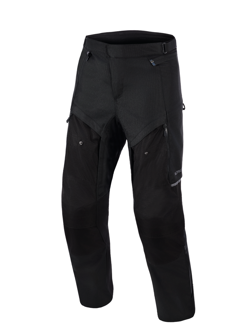 Pantalones Alpinestars Cusco Drystar®, pantalones de motociclismo adventure, negros, vista frontal, con paneles de ventilación con cremallera en los muslos, construcción textil ripstop duradera y diseño ergonómico para carretera y adventure touring
