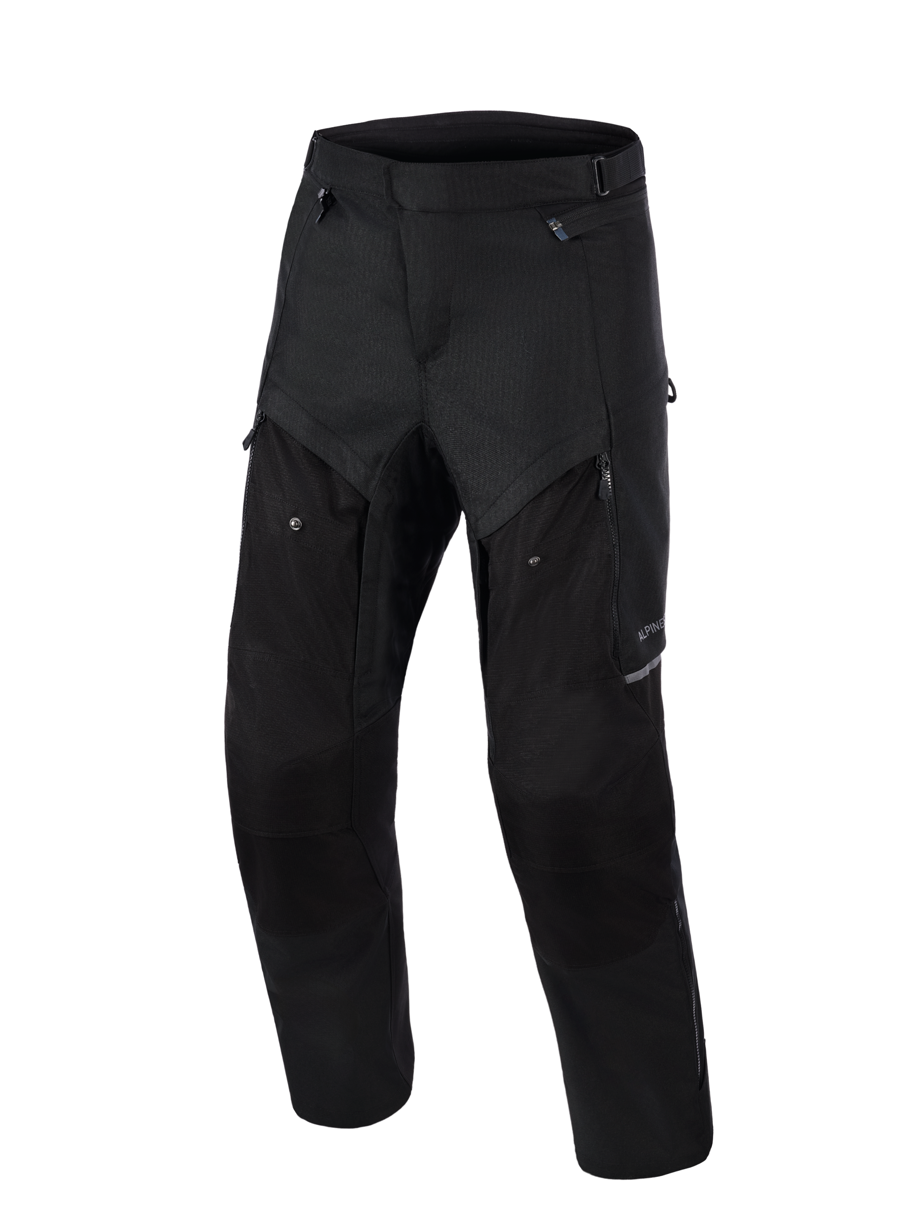 Pantalones Alpinestars Cusco Drystar®, pantalones de motociclismo adventure, negros, vista frontal, con paneles de ventilación con cremallera en los muslos, construcción textil ripstop duradera y diseño ergonómico para carretera y adventure touring