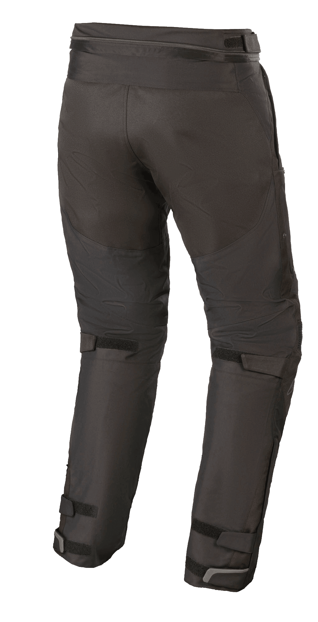 Alpinestars Raider V2 Drystar® Pants, pantalones textiles para moto, negros, vista trasera que muestra la cremallera de conexión en la cintura y correas de velcro ajustables en la parte posterior de las piernas y los tobillos.