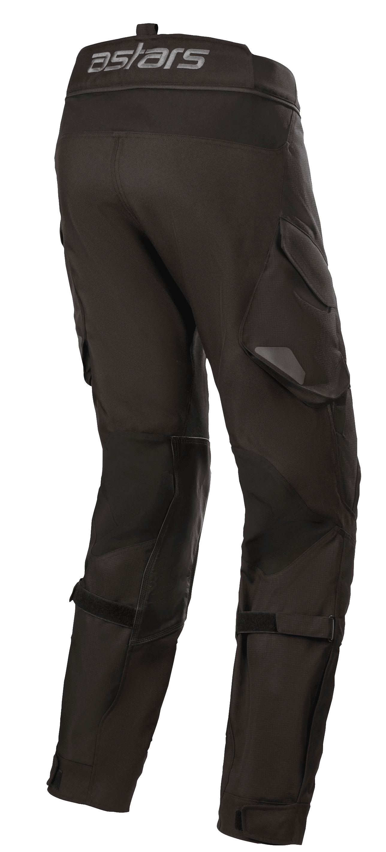 Alpinestars Halo Drystar® Pants, Adventure Touring Motorcycle Pants, Black, rear side view featuring the astars logo on the waistband, functional cargo pockets, and adjustable straps on the legs for a secure fit.