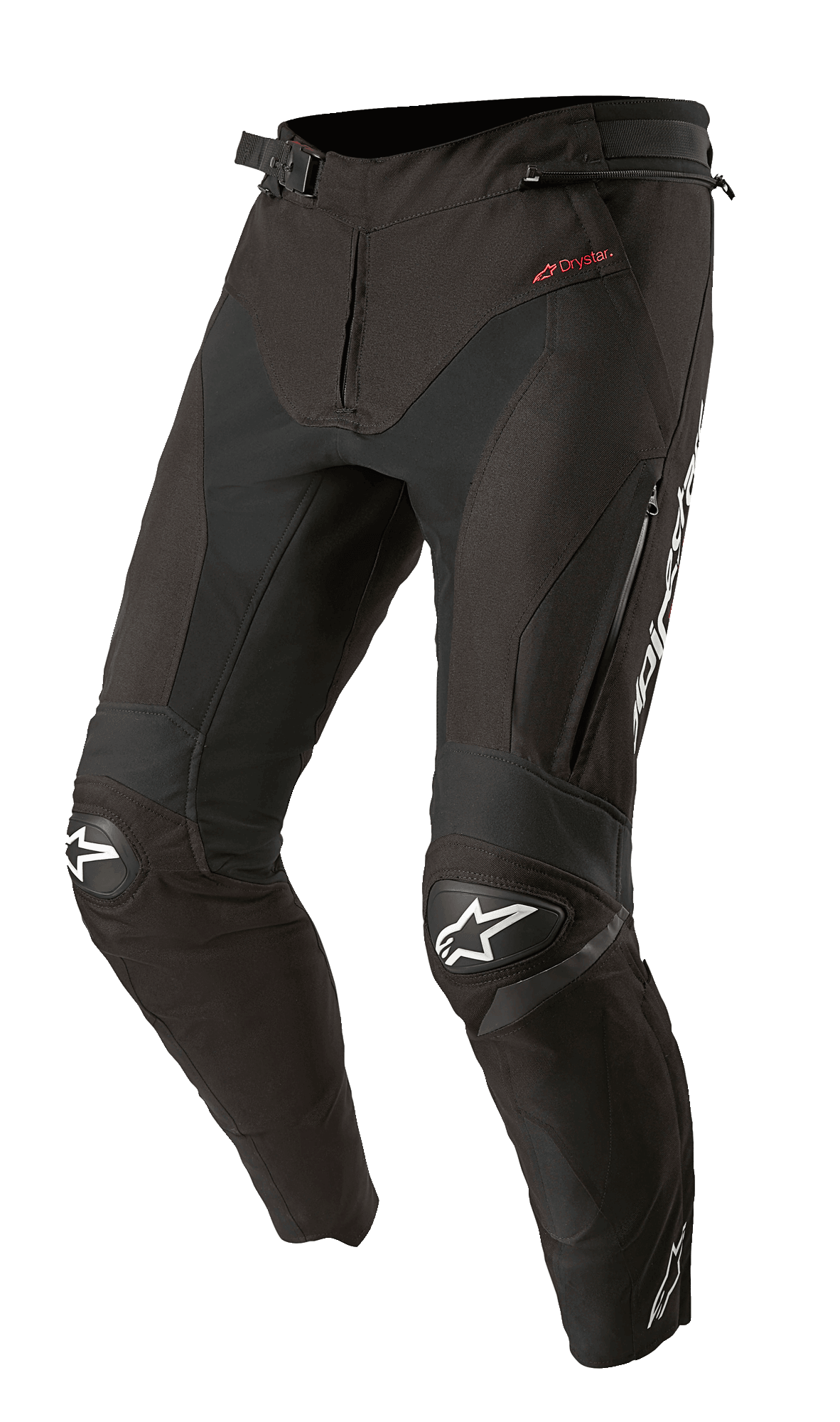Alpinestars T-SP R Drystar Pants, pantalones de moto sport-touring de textil negro, con rodilleras reforzadas y logos de estrella blancos, marca Drystar roja en la cadera, ventilaciones con cremallera en los muslos y cintura con hebilla ajustable, diseño articulado inspirado en la competición