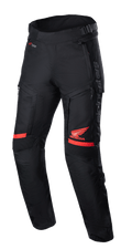 Honda Bogota' Pro Drystar® Pants, Motorcycle Touring Pants, Black and Red, featuring red Honda Wing logo on the thigh, accordion stretch panels at the knees, technical textile construction, adjustable waist straps, and Alpinestars branding
