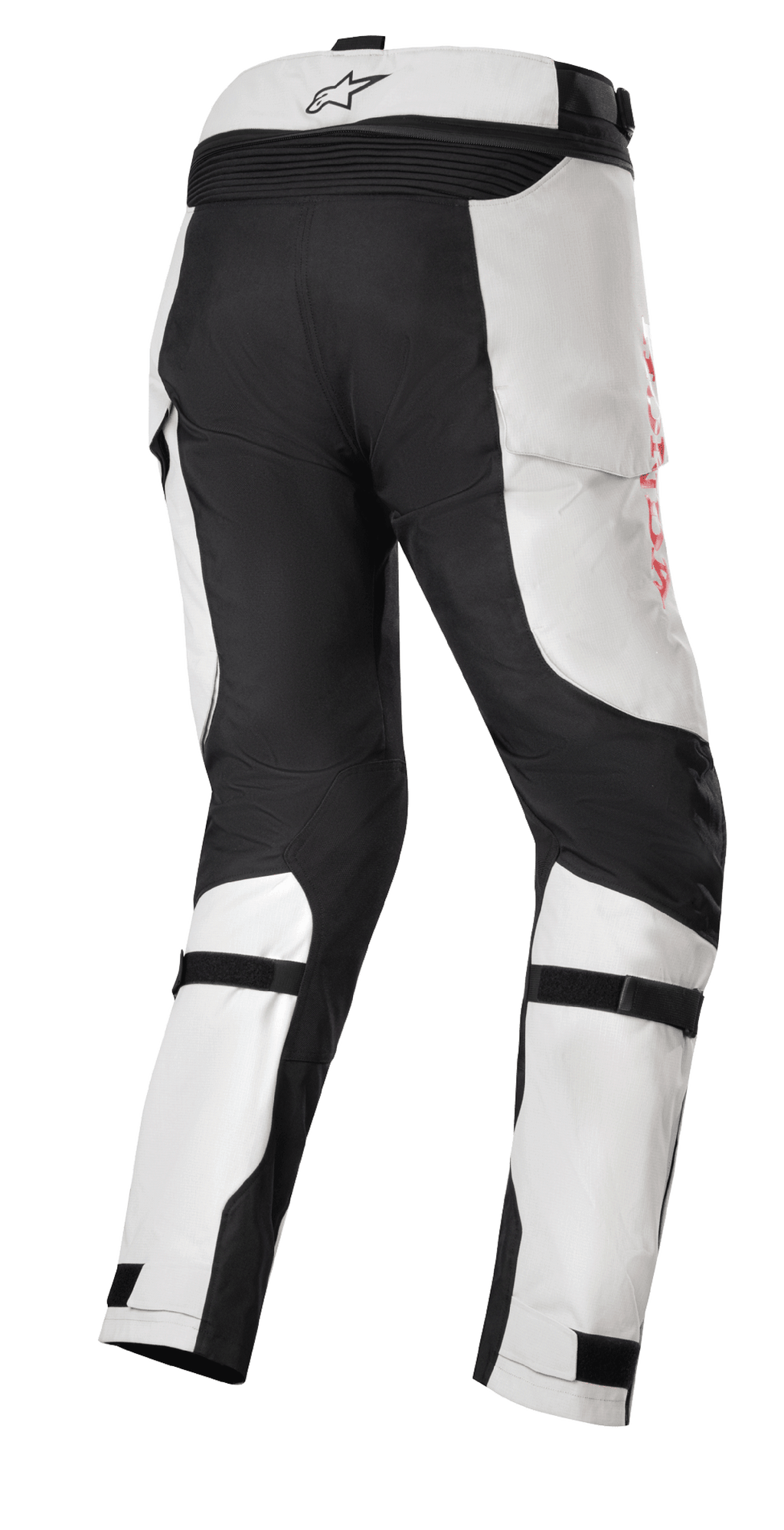 Honda Bogota' Pro Drystar® Pants, pantalones de moto Adventure Touring, gris hielo y negro, vista trasera con paneles negros reforzados en el asiento y el interior de las piernas, logotipos rojos laterales y correas ajustables en las pantorrillas para un ajuste seguro.
