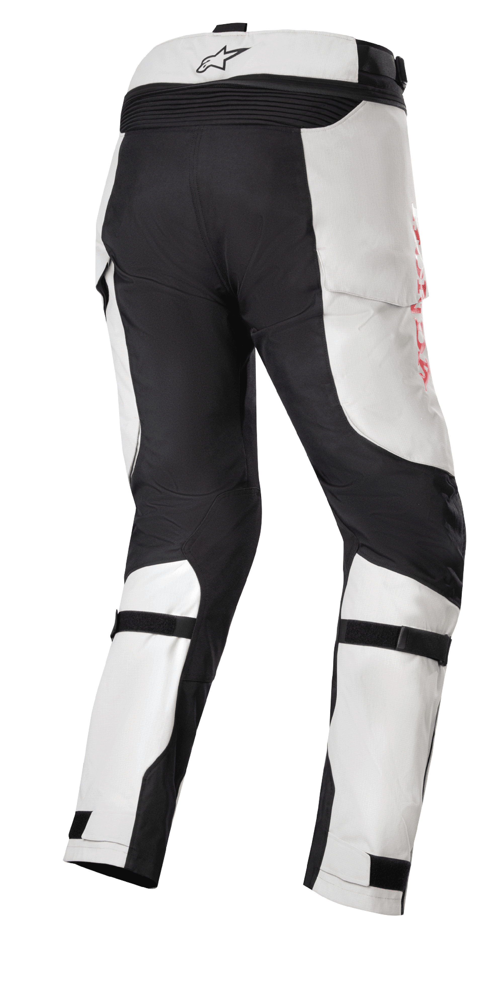 Honda Bogota' Pro Drystar® Pants, pantalones de moto Adventure Touring, gris hielo y negro, vista trasera con paneles negros reforzados en el asiento y el interior de las piernas, logotipos rojos laterales y correas ajustables en las pantorrillas para un ajuste seguro.