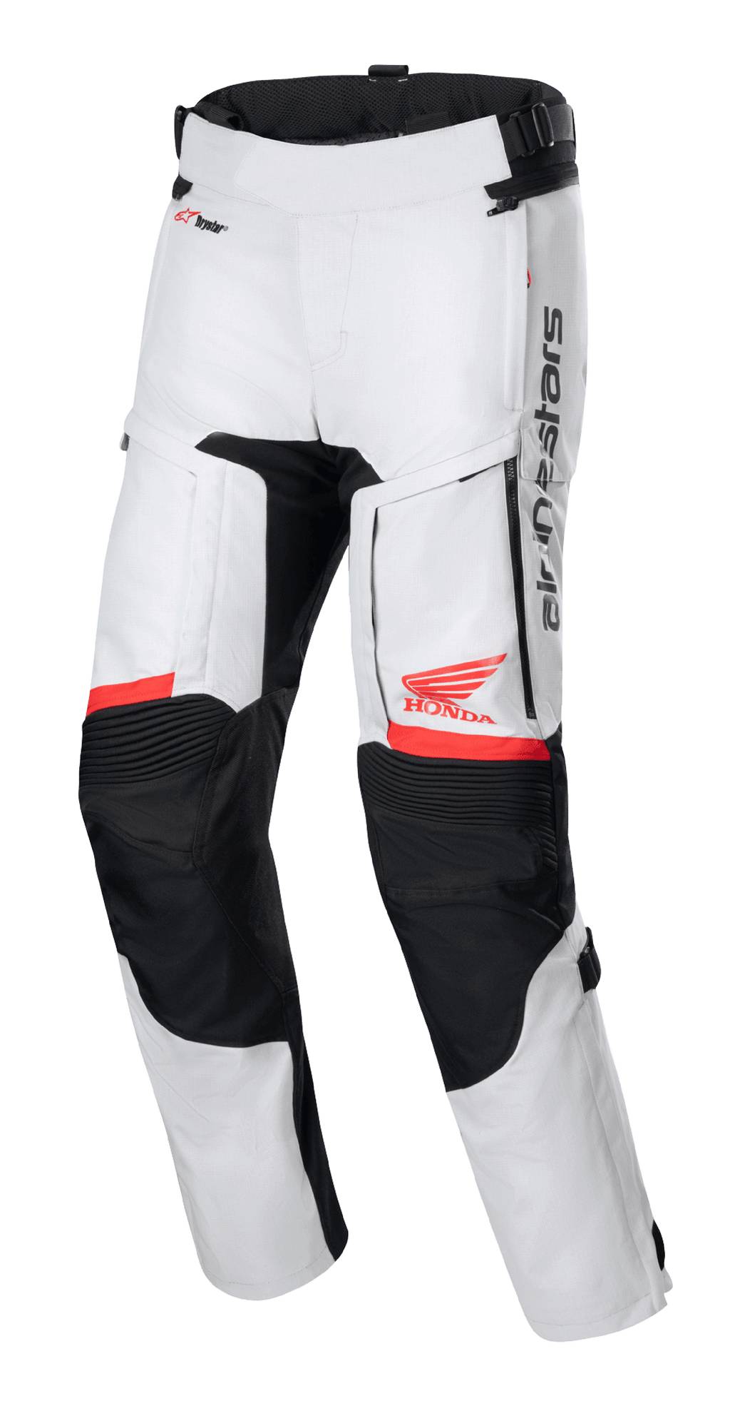 Pantalones Honda Bogota' Pro Drystar®, pantalones de moto touring, gris hielo y negro con acentos rojos, vista frontal que muestra paneles de ventilación en los muslos y rodillas en acordeón, logos rojos del ala de Honda y Alpinestars, equipo técnico impermeable para aventura