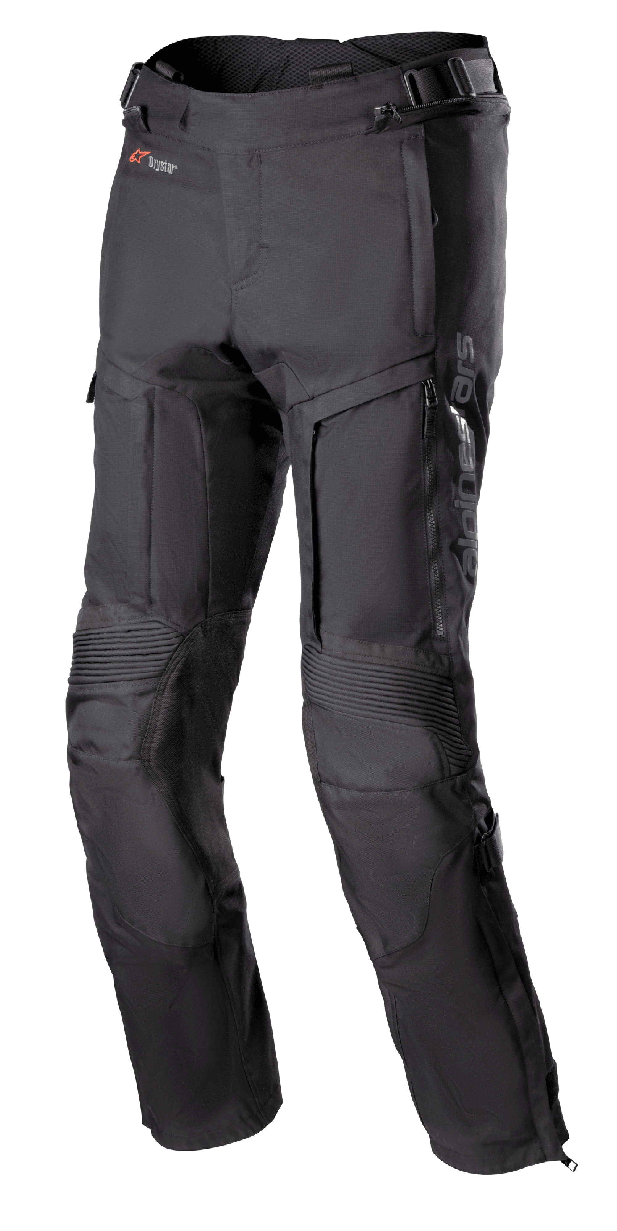 Alpinestars Bogota Pro Drystar 3 Seasons Pants, Black Motorcycle Touring Pants, featuring zippered ventilation on thighs, accordion stretch panels at knees, adjustable waist straps, and durable textile fabric with Drystar branding.