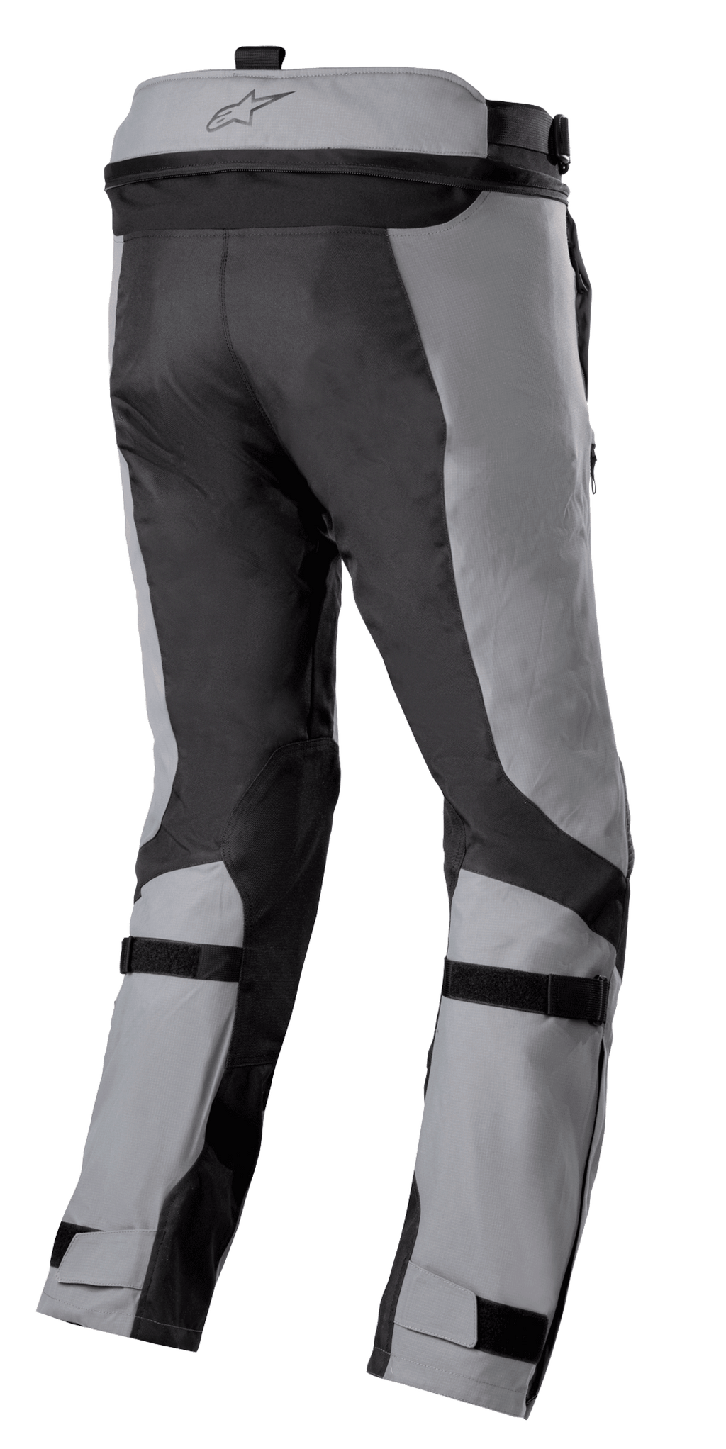 Pantalones Alpinestars Bogotá Pro Drystar® 3 Seasons, pantalones de motociclismo para adventure touring, gris oscuro y gris claro, vista posterior con correas ajustables en pantorrillas y tobillos, cremallera de conexión en la cintura y paneles textiles ripstop duraderos.